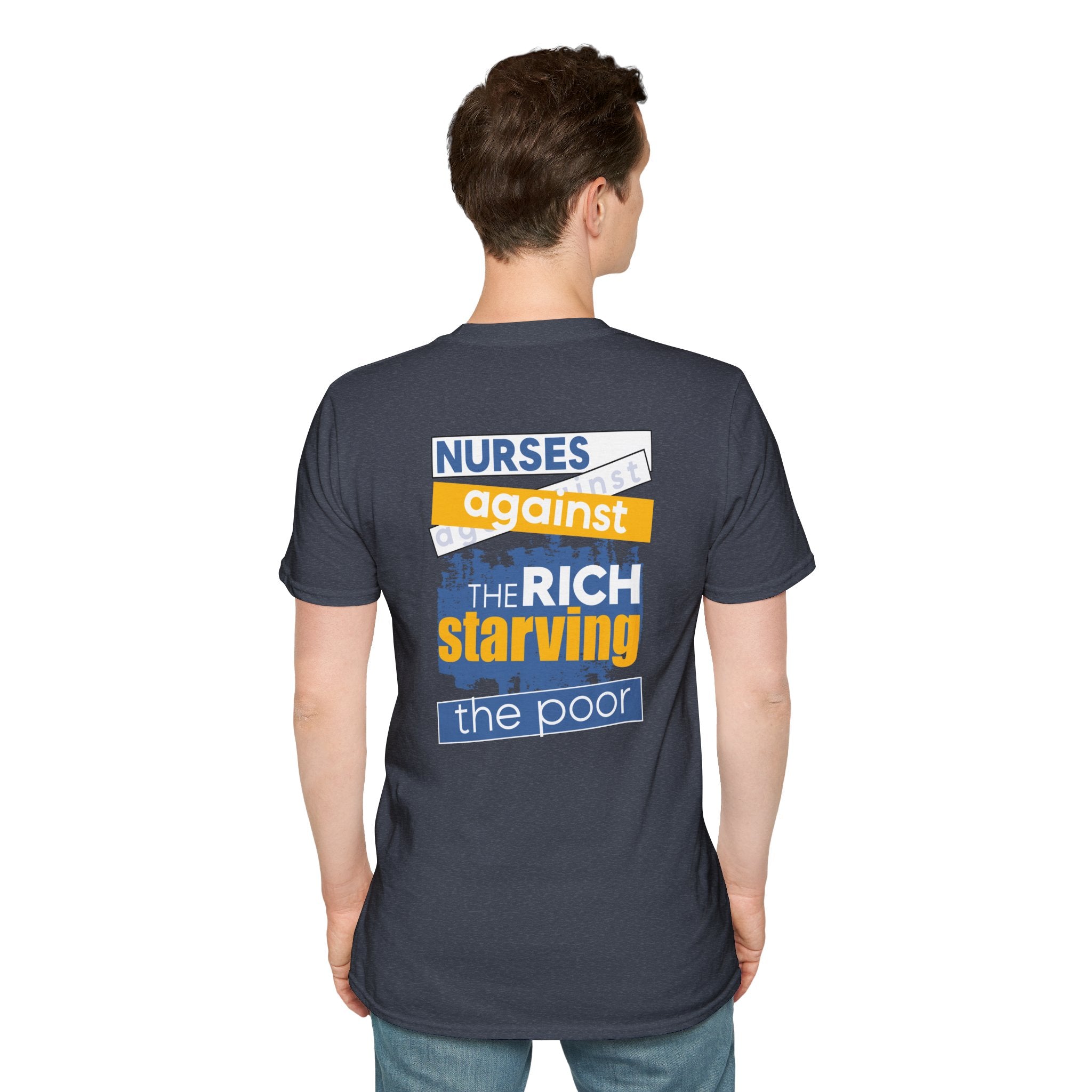 Unisex Lightweight fabric T-Shirt - Free School Lunches For All (front) - Nurses Against The Rich Starving The Poor (back) - 100% ring-spun cotton - NAH-T-G64000