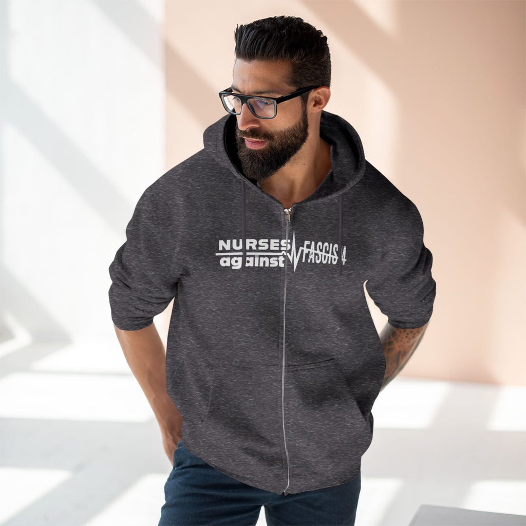 Men's Medium-heavy fabric Full-Zip Hoodie - Nurses Against Fascism (front) - Nurses Against Cruelty (black) - 60% recycled cotton, 40% recycled polyester - Lane Seven LS14003