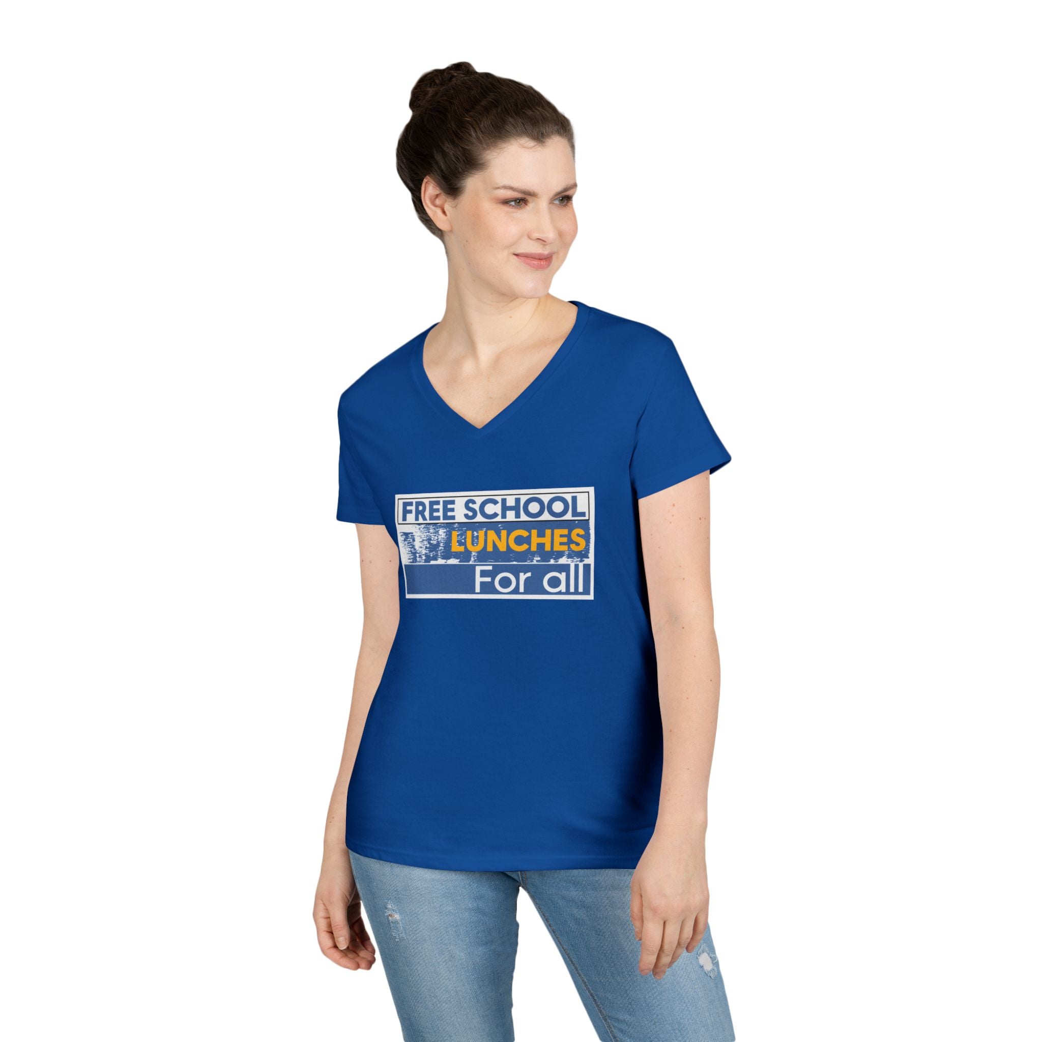 Women's Medium fabric V-Neck T-Shirt - Free School Lunches For All (front) - Nurses Against The Rich Starving The Poor (back) - 100% cotton - NAH-V-G5V00L