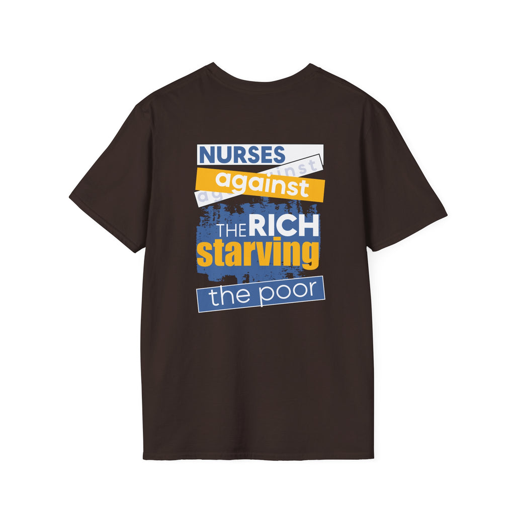 Unisex Lightweight fabric T-Shirt - Free School Lunches For All (front) - Nurses Against The Rich Starving The Poor (back) - 100% ring-spun cotton - NAH-T-G64000