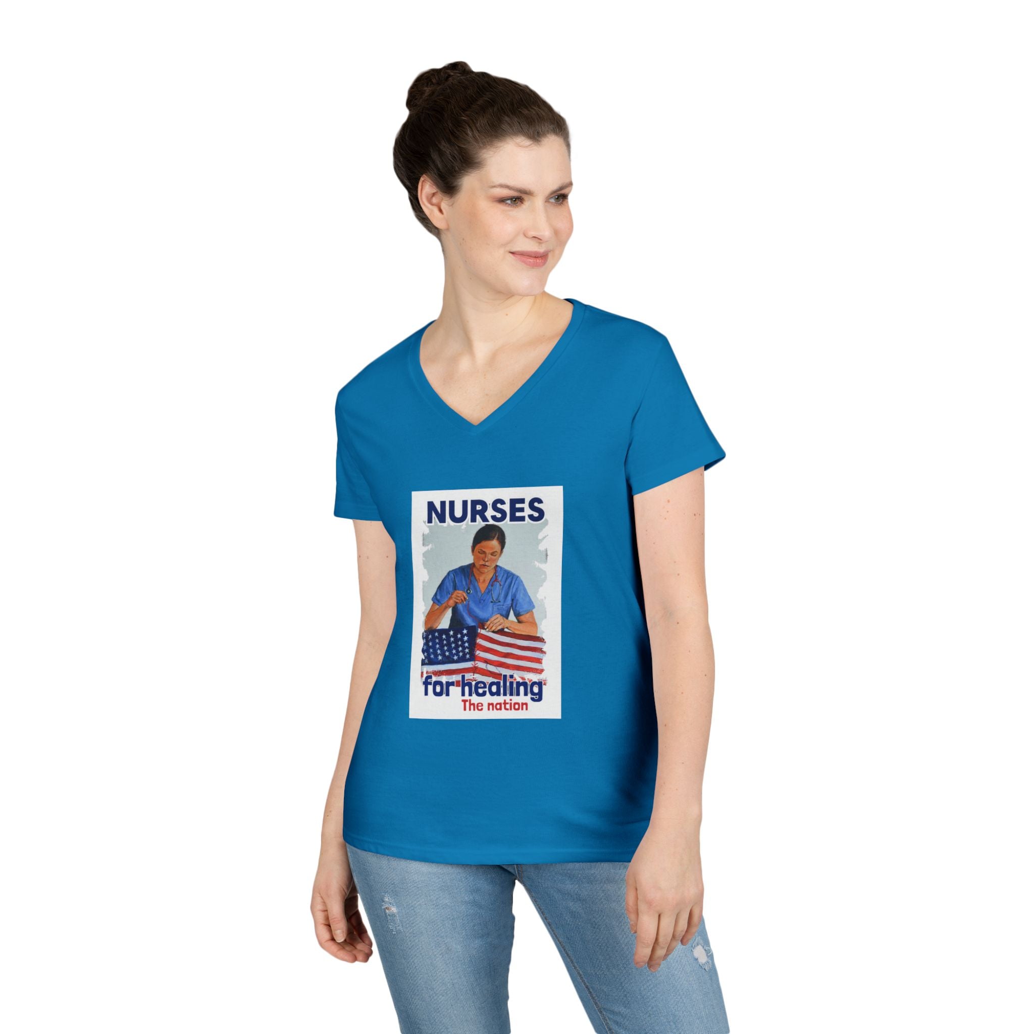 Women's Medium fabric V-Neck T-Shirt - Nurses For Healing The Nation (front) - Nurses Standing Up For Humanity (back) - 100% cotton - NFH-V-G5V00L