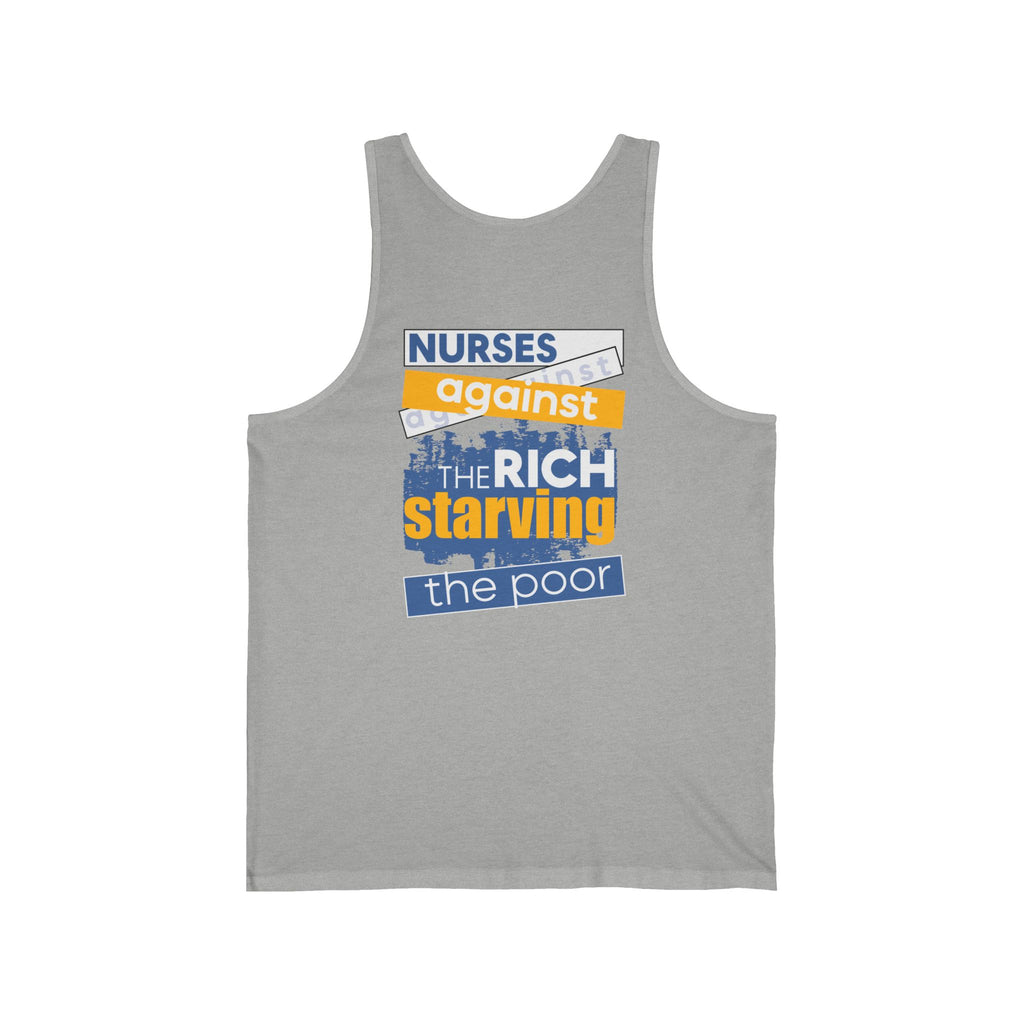 Unisex Light fabric Jersey Tank - Free School Lunches For All (front) - Nurses Against The Rich Starving The Poor (back) - 100% Airlume combed and ring-spun cotton - NAH-K-BC3480