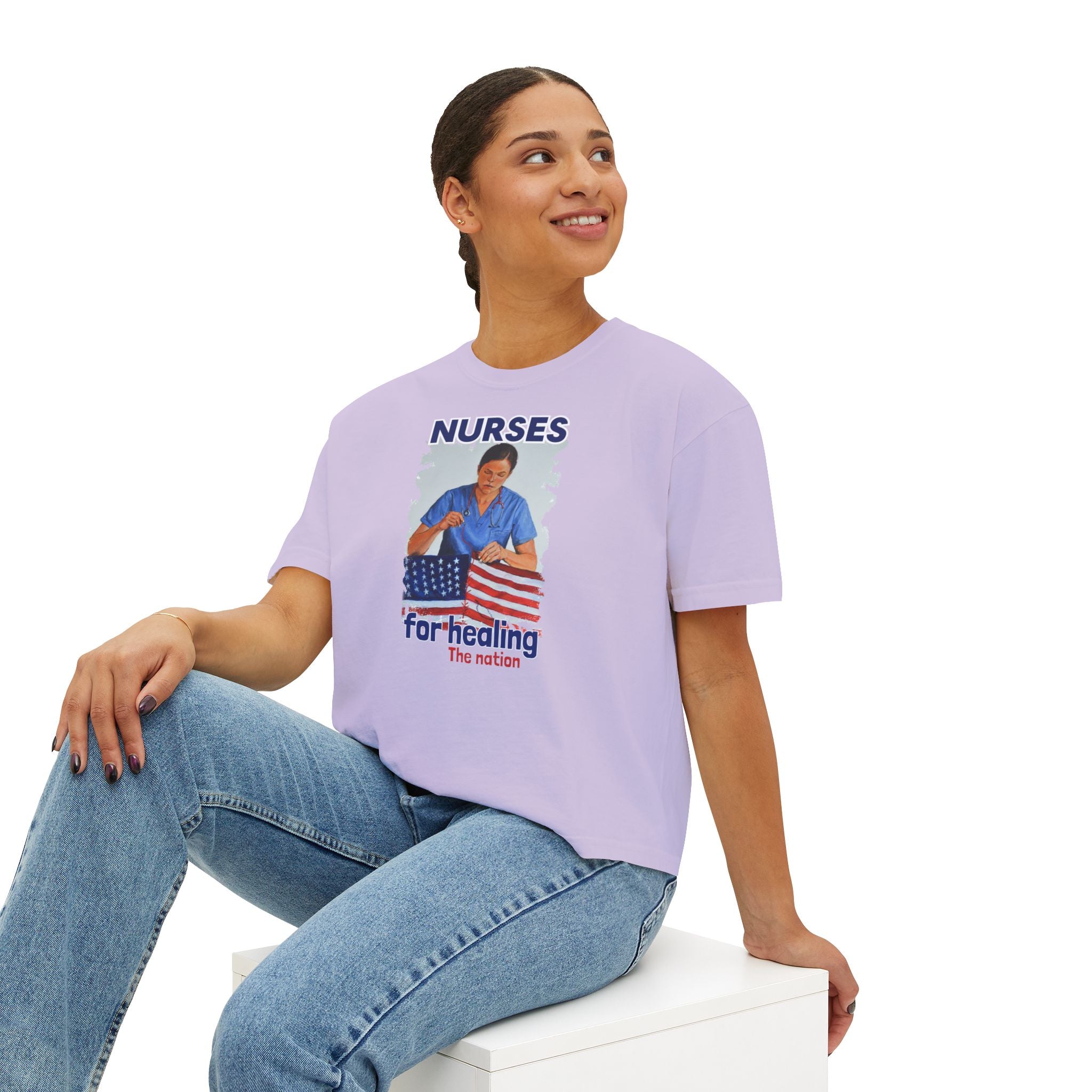 Women's Boxy Heavy fabric Tee - Nurses For Healing The Nation (front) - Nurses Standing Up For Humanity (back) - 100% ring-spun US cotton - NFH-T-CC3023CL