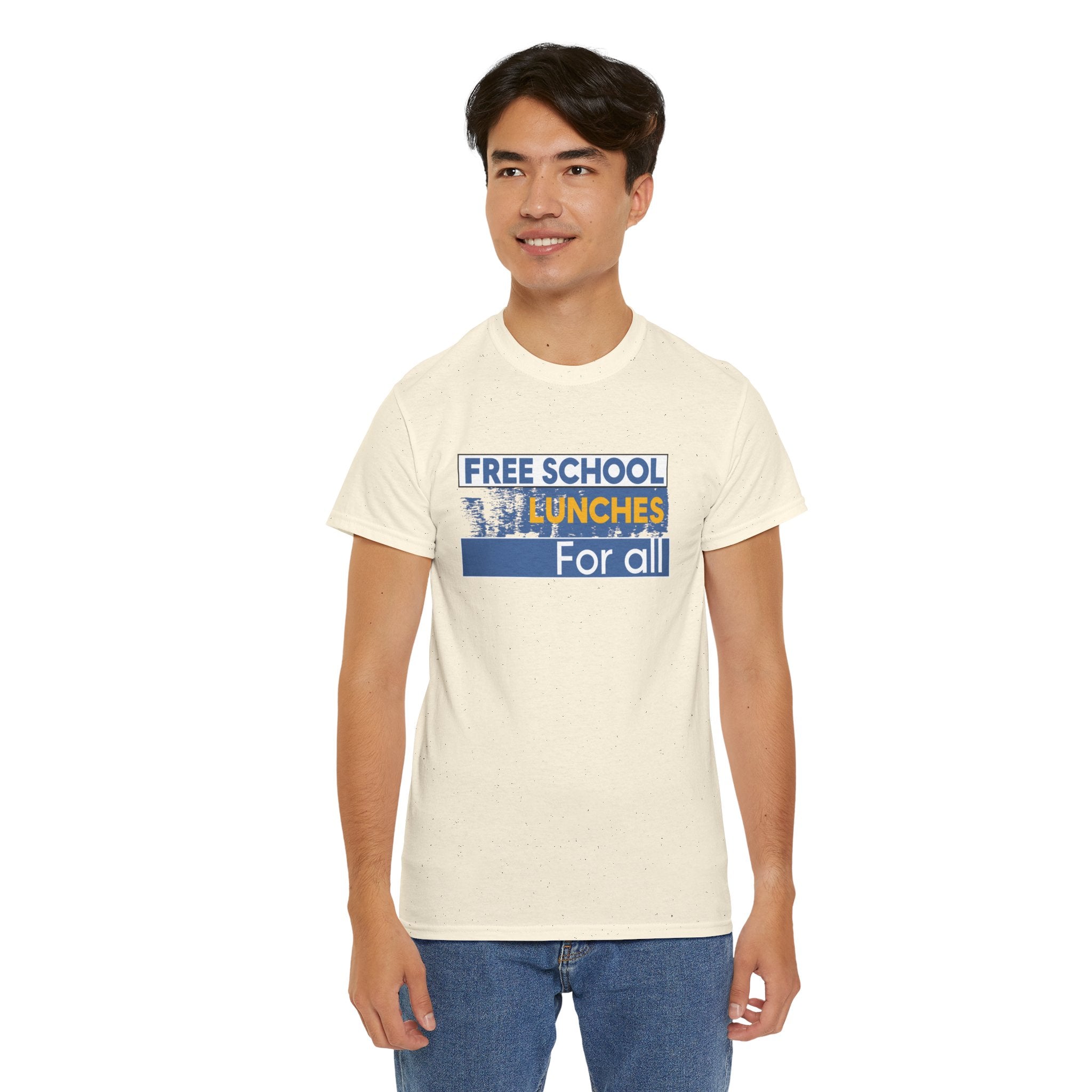 Unisex Medium fabric Cotton Tee - Free School Lunches For All (front) - Nurses Against The Rich Starving The Poor (back) - 5.3 oz/yd² / 180 g/m² - NAH-T-G5000