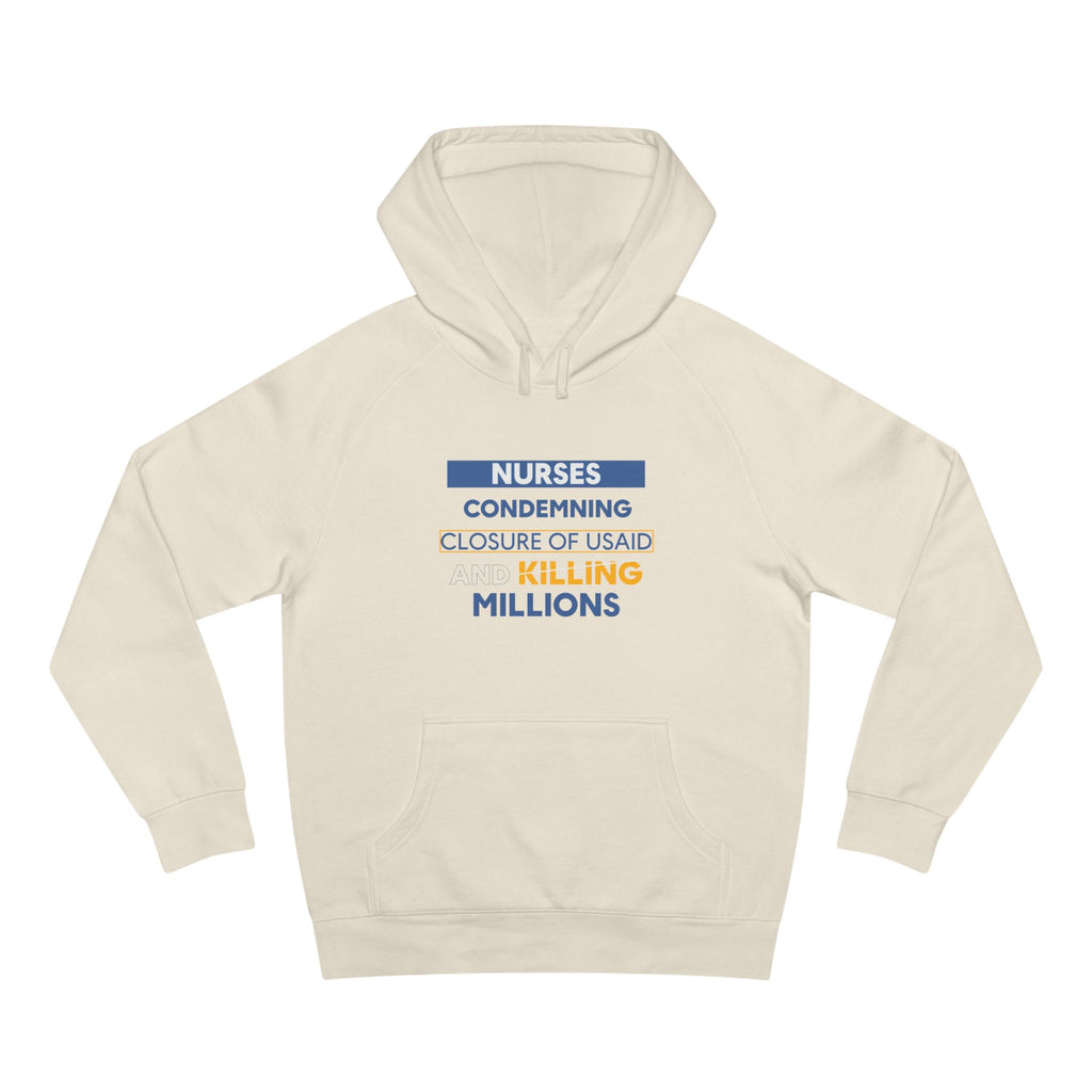 Unisex Mid-weight Hoodie - Nurses Condemning Closure of USAID (front) - Nurses For NIH CDC FEMA USAID And YOU (back) - 80% cotton, 20% Polyester - NFG-H-AC5101