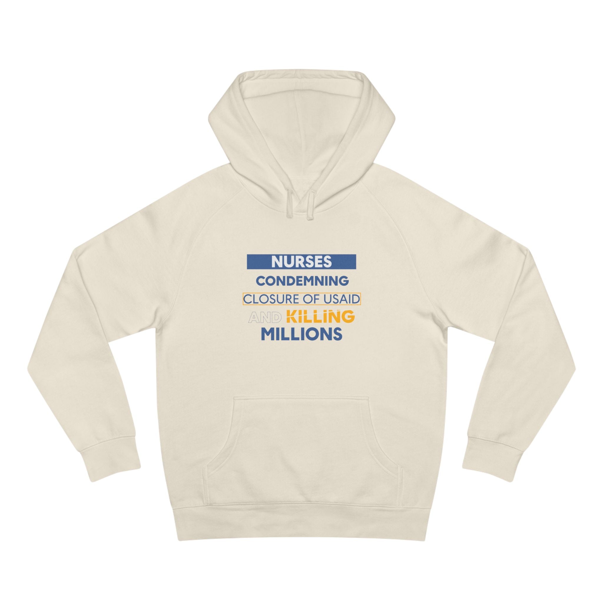 Unisex Mid-weight Hoodie - Nurses Condemning Closure of USAID (front) - Nurses For NIH CDC FEMA USAID And YOU (back) - 80% cotton, 20% Polyester - NFG-H-AC5101