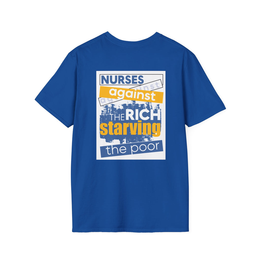 Unisex Lightweight fabric T-Shirt - Free School Lunches For All (front) - Nurses Against The Rich Starving The Poor (back) - 100% ring-spun cotton - NAH-T-G64000
