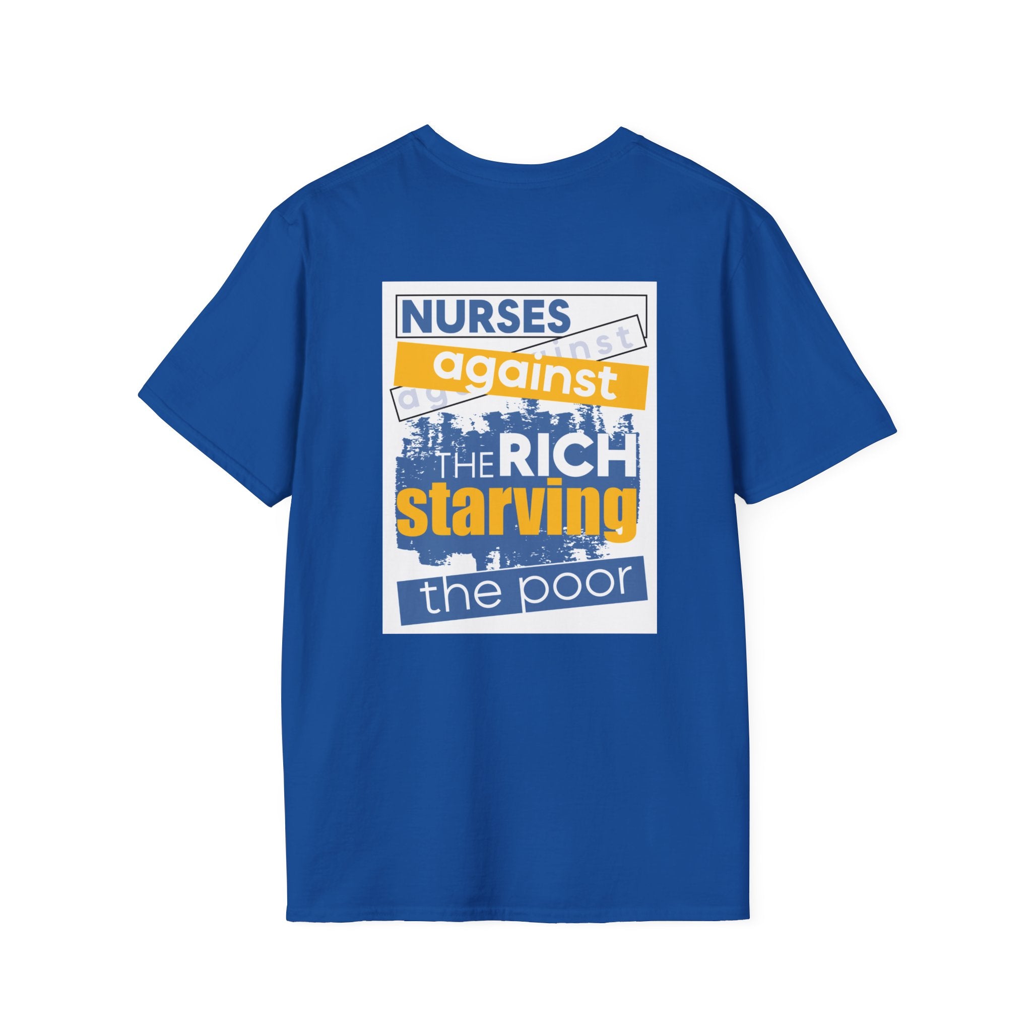 Unisex Lightweight fabric T-Shirt - Free School Lunches For All (front) - Nurses Against The Rich Starving The Poor (back) - 100% ring-spun cotton - NAH-T-G64000