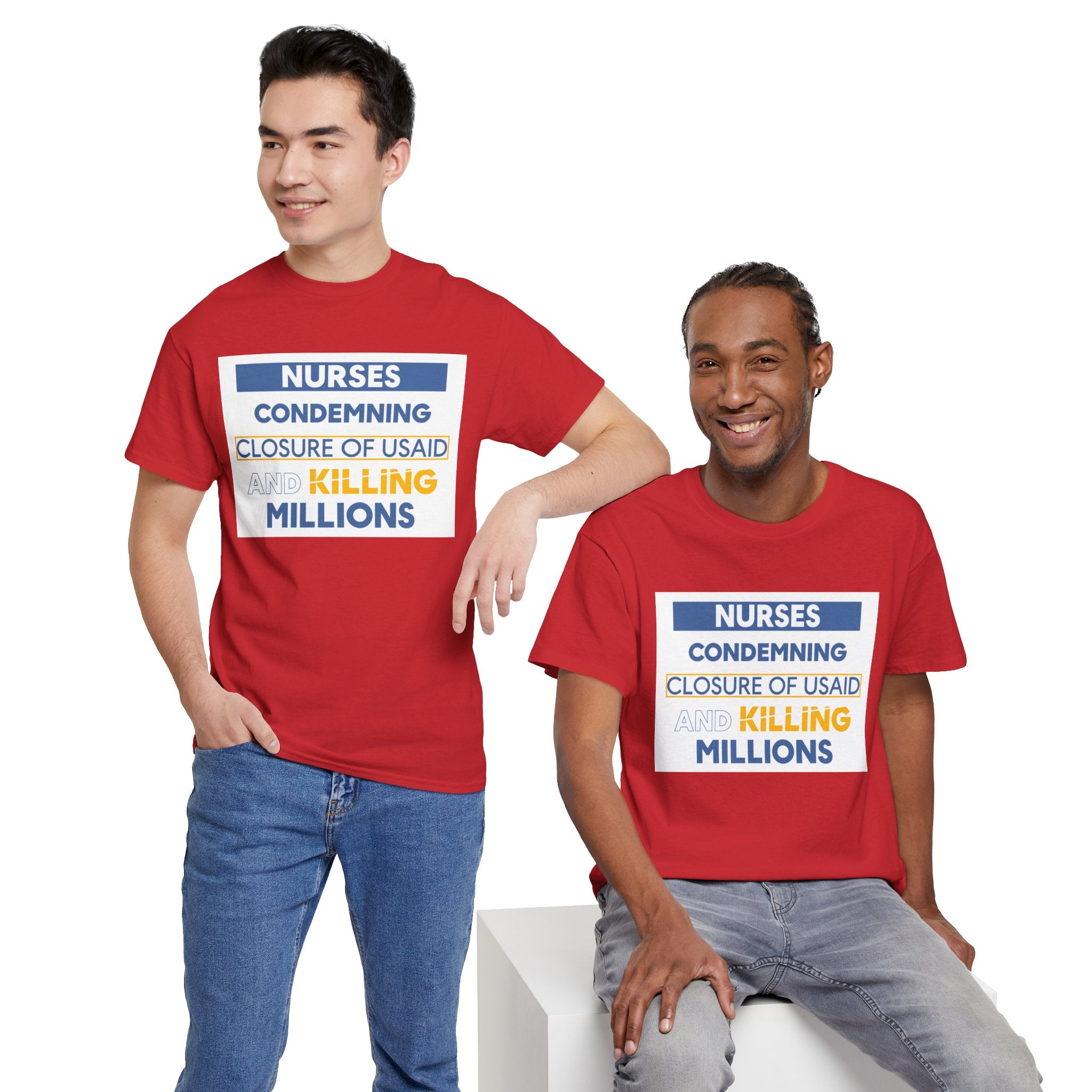 Unisex Medium fabric Cotton Tee - Nurses Condemning Closure of USAID (front) - Nurses For NIH CDC FEMA USAID And YOU (back) - 5.3 oz/yd² / 180 g/m² - NFG-T-G5000