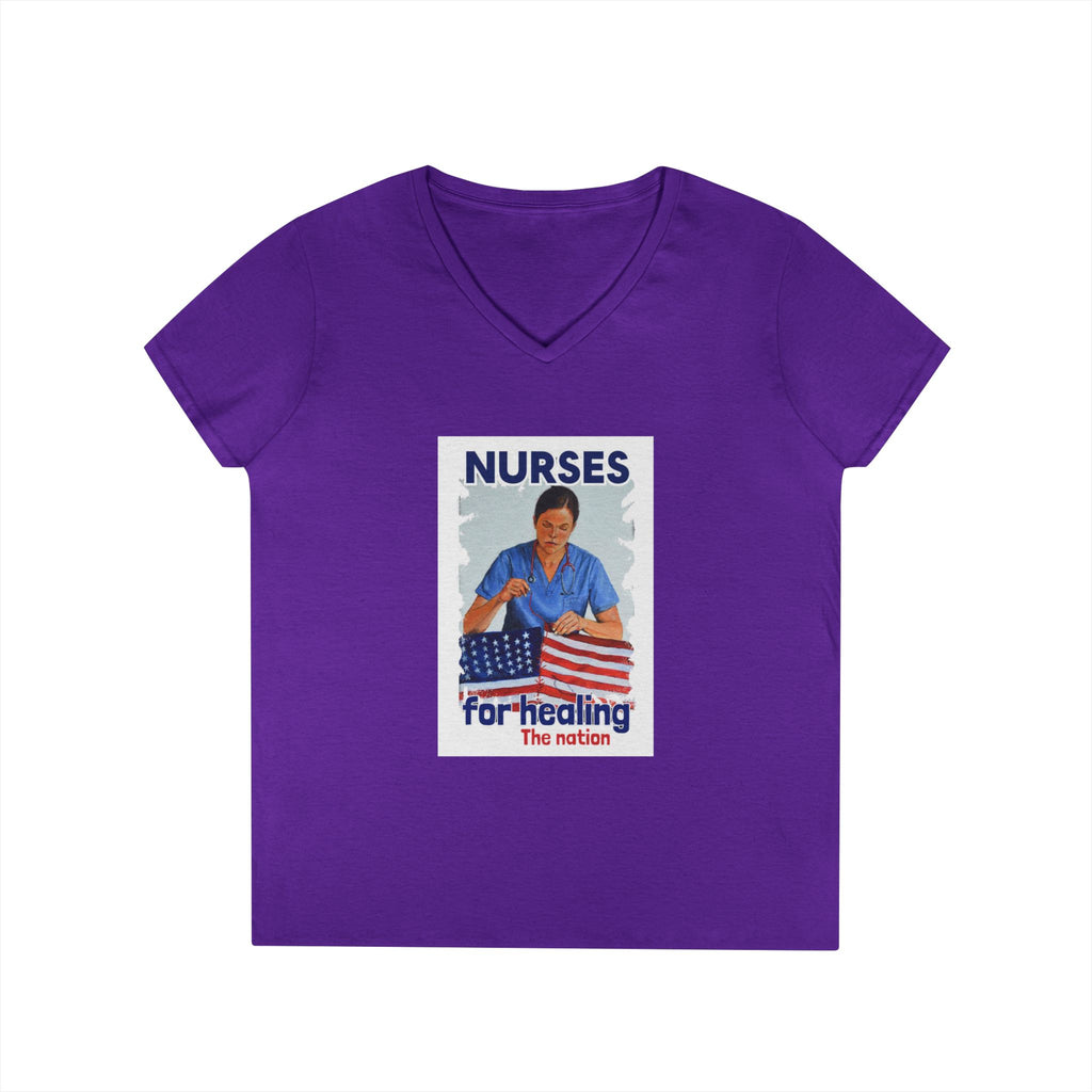 Women's Medium fabric V-Neck T-Shirt - Nurses For Healing The Nation (front) - Nurses Standing Up For Humanity (back) - 100% cotton - NFH-V-G5V00L