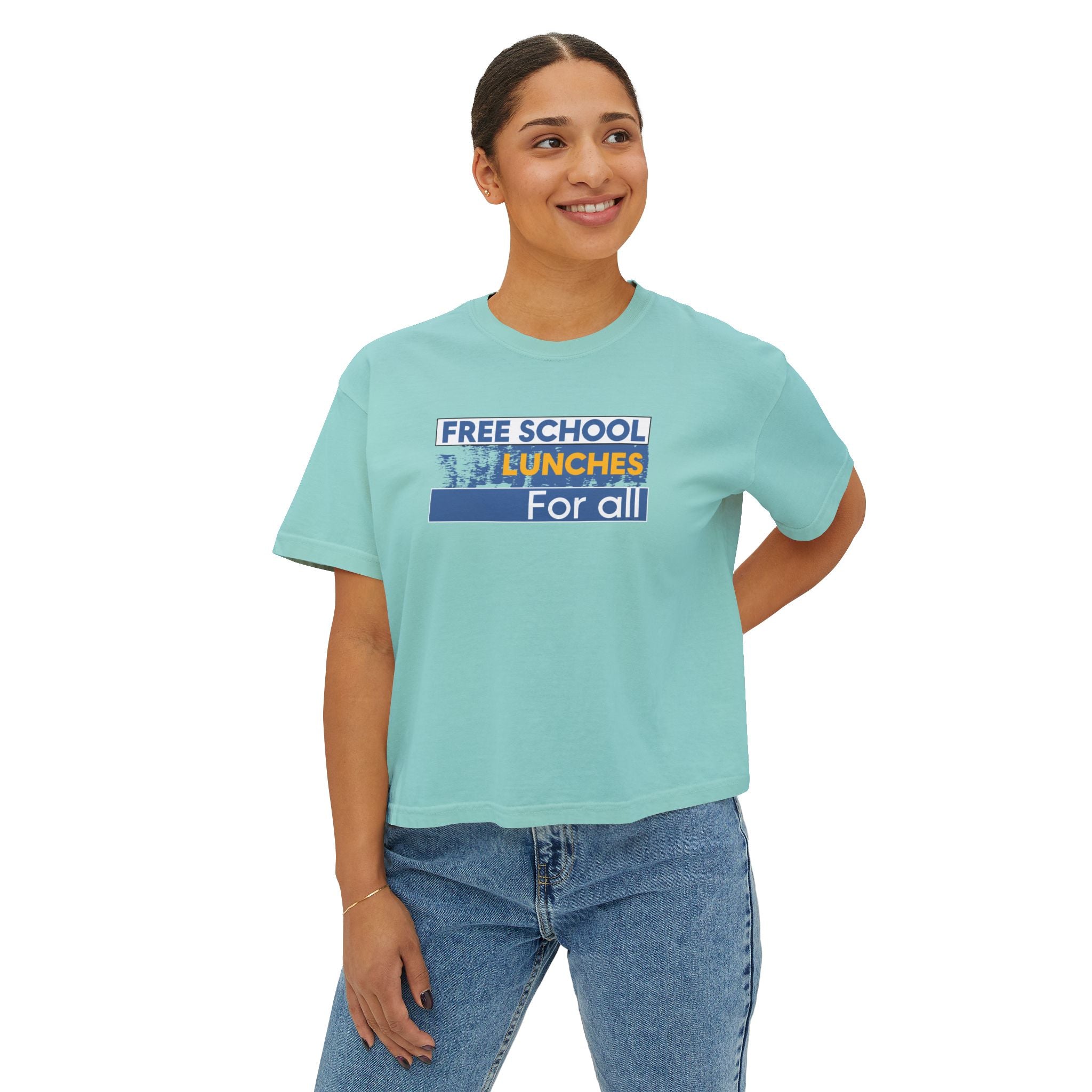 Women's Boxy Heavy fabric Tee - Free School Lunches For All (front) - Nurses Against The Rich Starving The Poor (back) - 100% ring-spun US cotton - NAH-T-CC3023CL