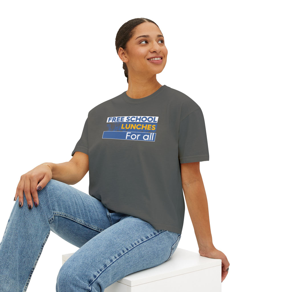 Women's Boxy Heavy fabric Tee - Free School Lunches For All (front) - Nurses Against The Rich Starving The Poor (back) - 100% ring-spun US cotton - NAH-T-CC3023CL