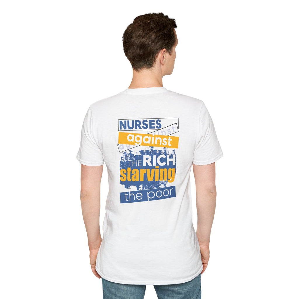 Unisex Lightweight fabric T-Shirt - Free School Lunches For All (front) - Nurses Against The Rich Starving The Poor (back) - 100% ring-spun cotton - NAH-T-G64000