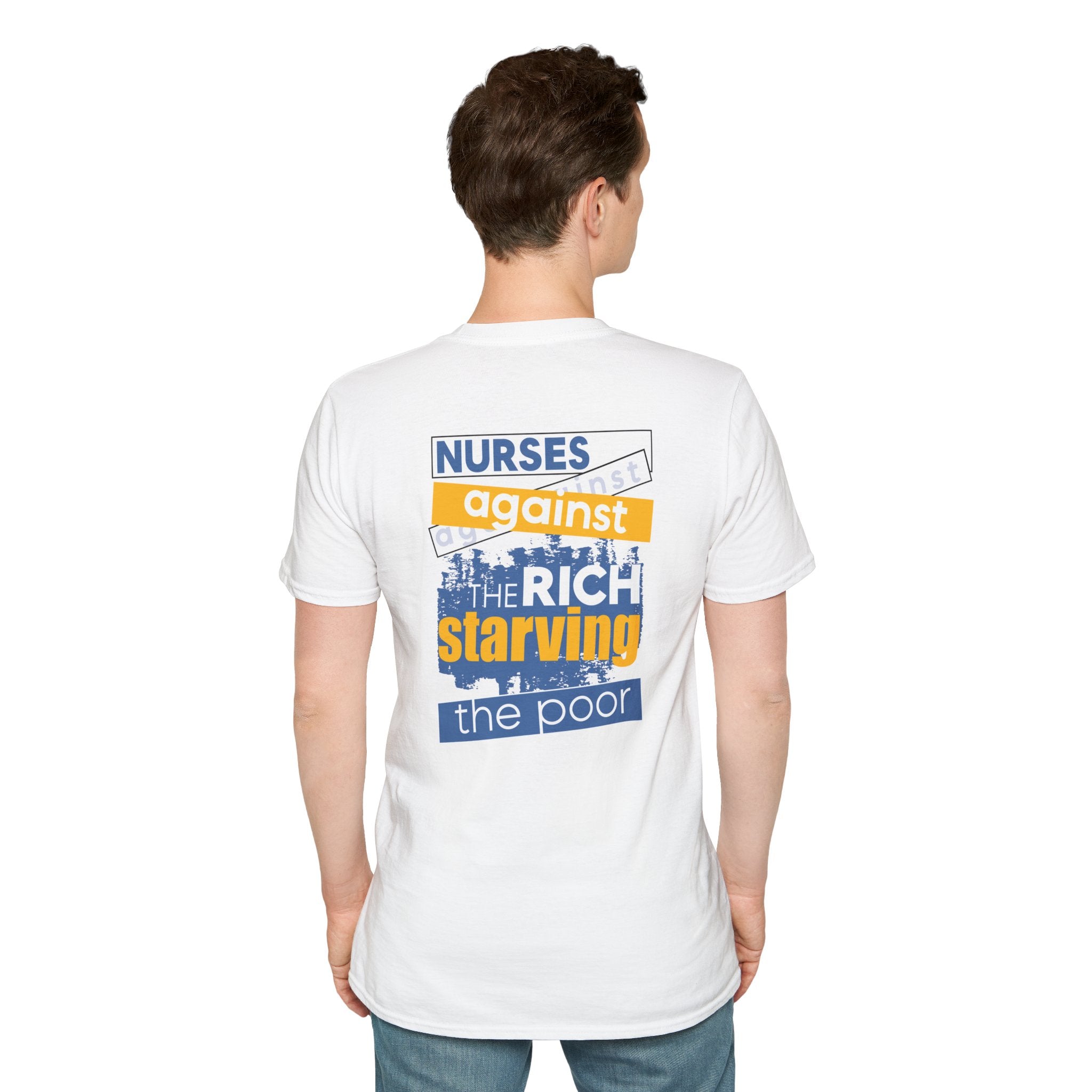 Unisex Lightweight fabric T-Shirt - Free School Lunches For All (front) - Nurses Against The Rich Starving The Poor (back) - 100% ring-spun cotton - NAH-T-G64000