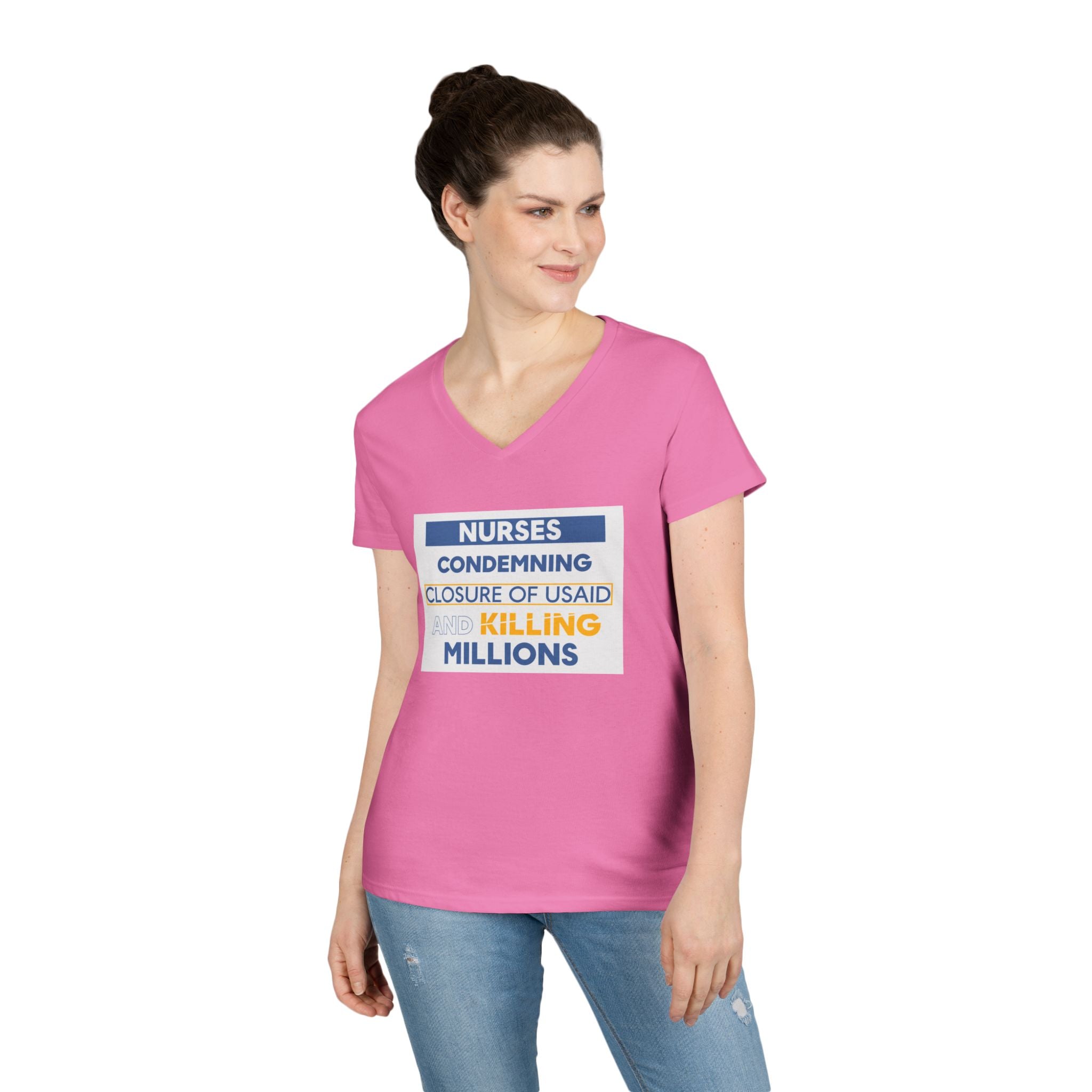 Women's Medium fabric V-Neck T-Shirt - Nurses Condemning Closure of USAID (front) - Nurses For NIH CDC FEMA USAID And YOU (back) - 100% cotton - NFG-V-G5V00L