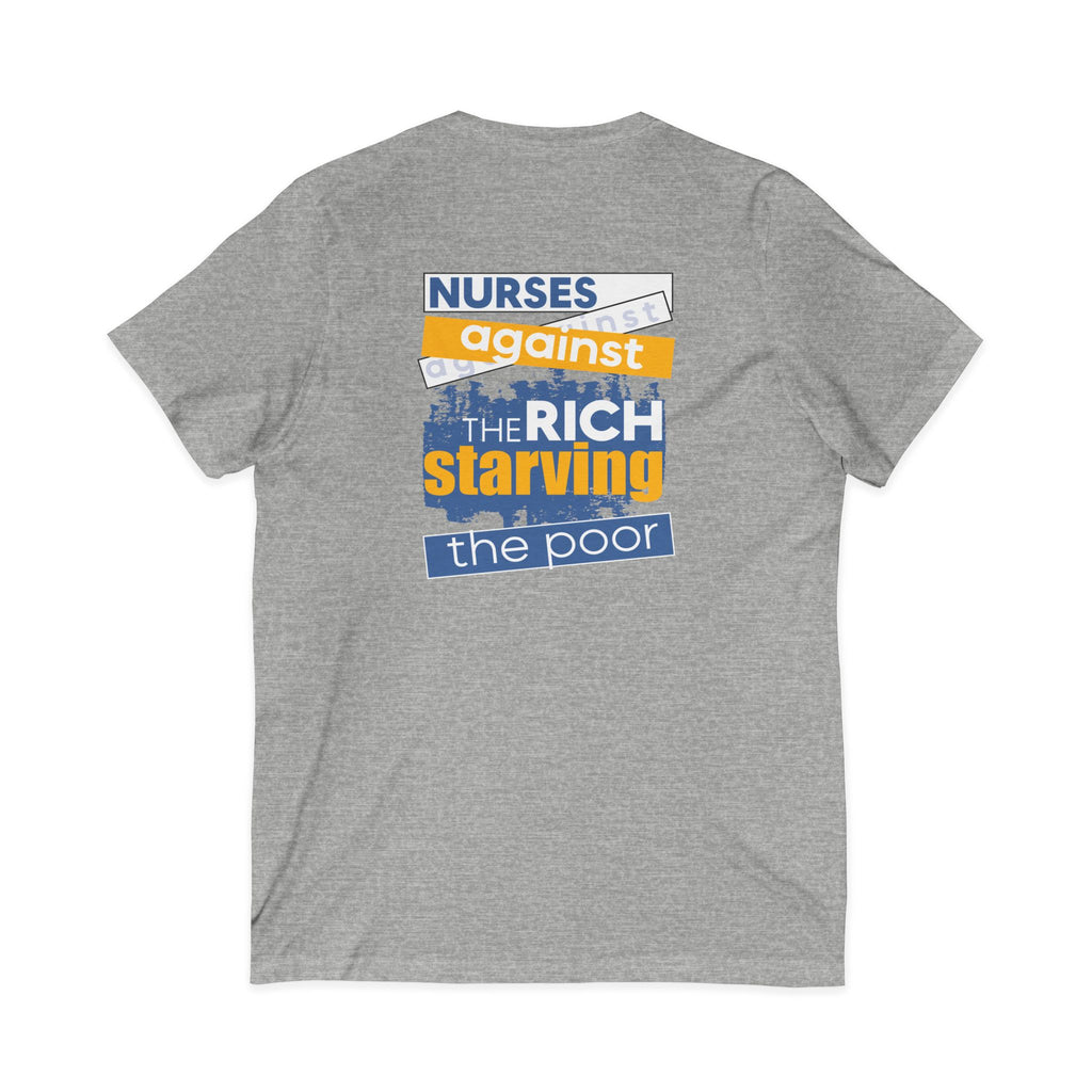 Unisex Lightweight fabric Jersey Short Sleeve V-Neck Tee - Free School Lunches For All (front) - Nurses Against The Rich Starving The Poor (back) - 100% cotton fabric - NAH-V-BC3005