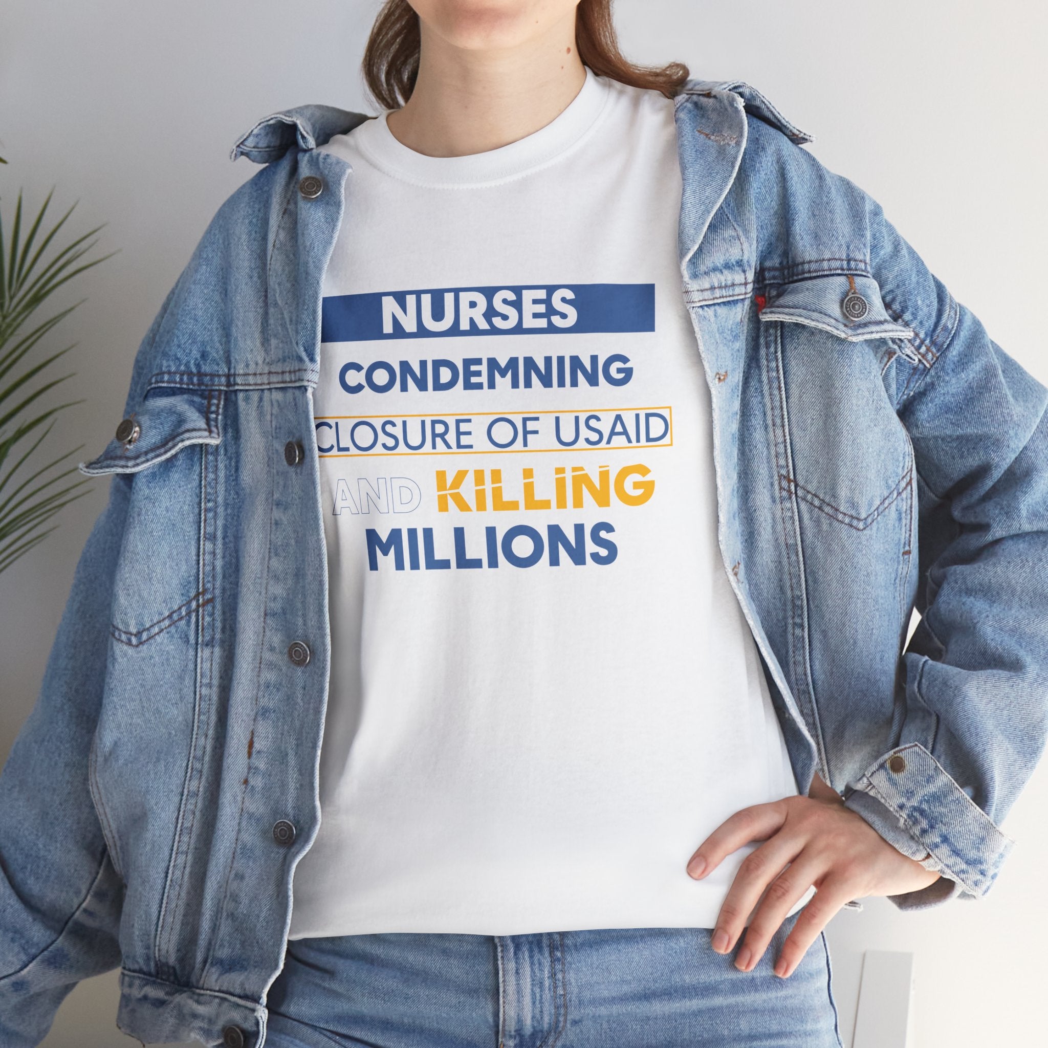 Unisex Medium fabric Cotton Tee - Nurses Condemning Closure of USAID (front) - Nurses For NIH CDC FEMA USAID And YOU (back) - 5.3 oz/yd² / 180 g/m² - NFG-T-G5000