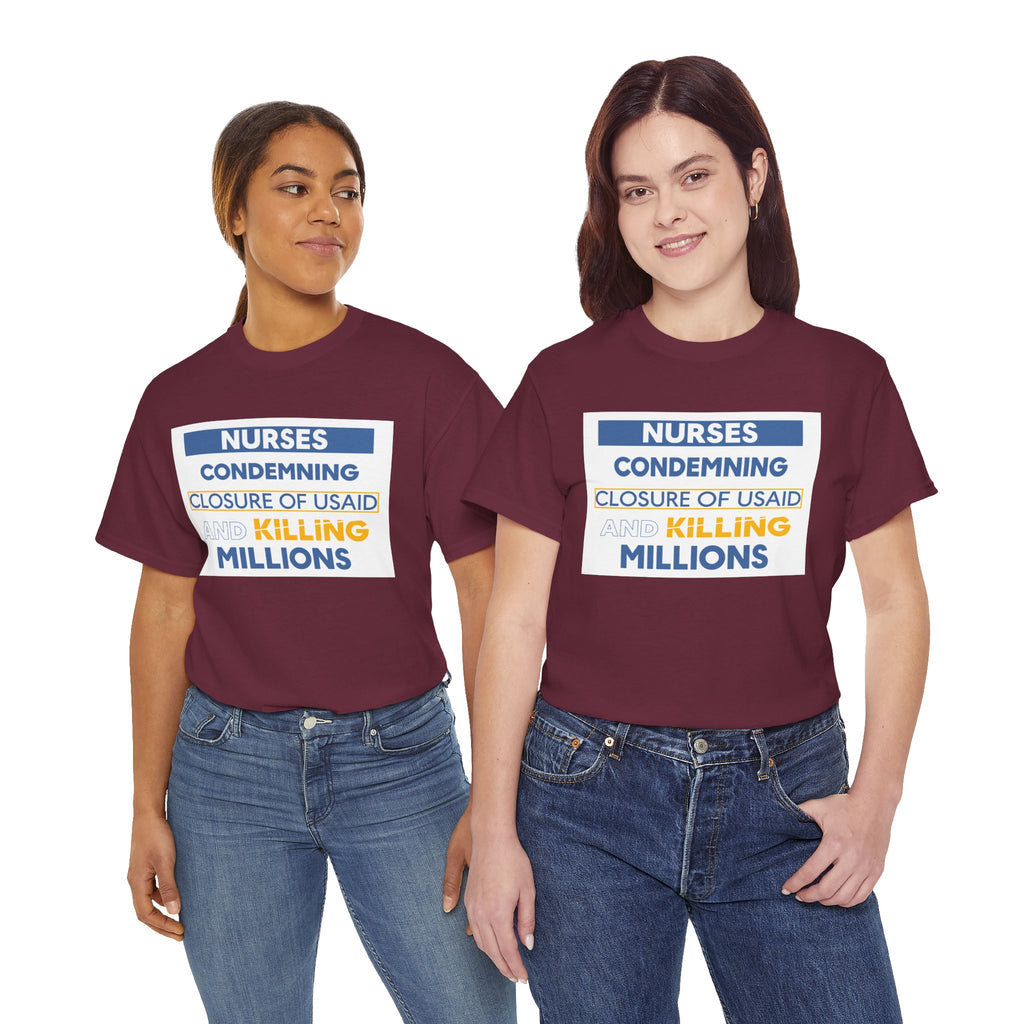 Unisex Medium fabric Cotton Tee - Nurses Condemning Closure of USAID (front) - Nurses For NIH CDC FEMA USAID And YOU (back) - 5.3 oz/yd² / 180 g/m² - NFG-T-G5000