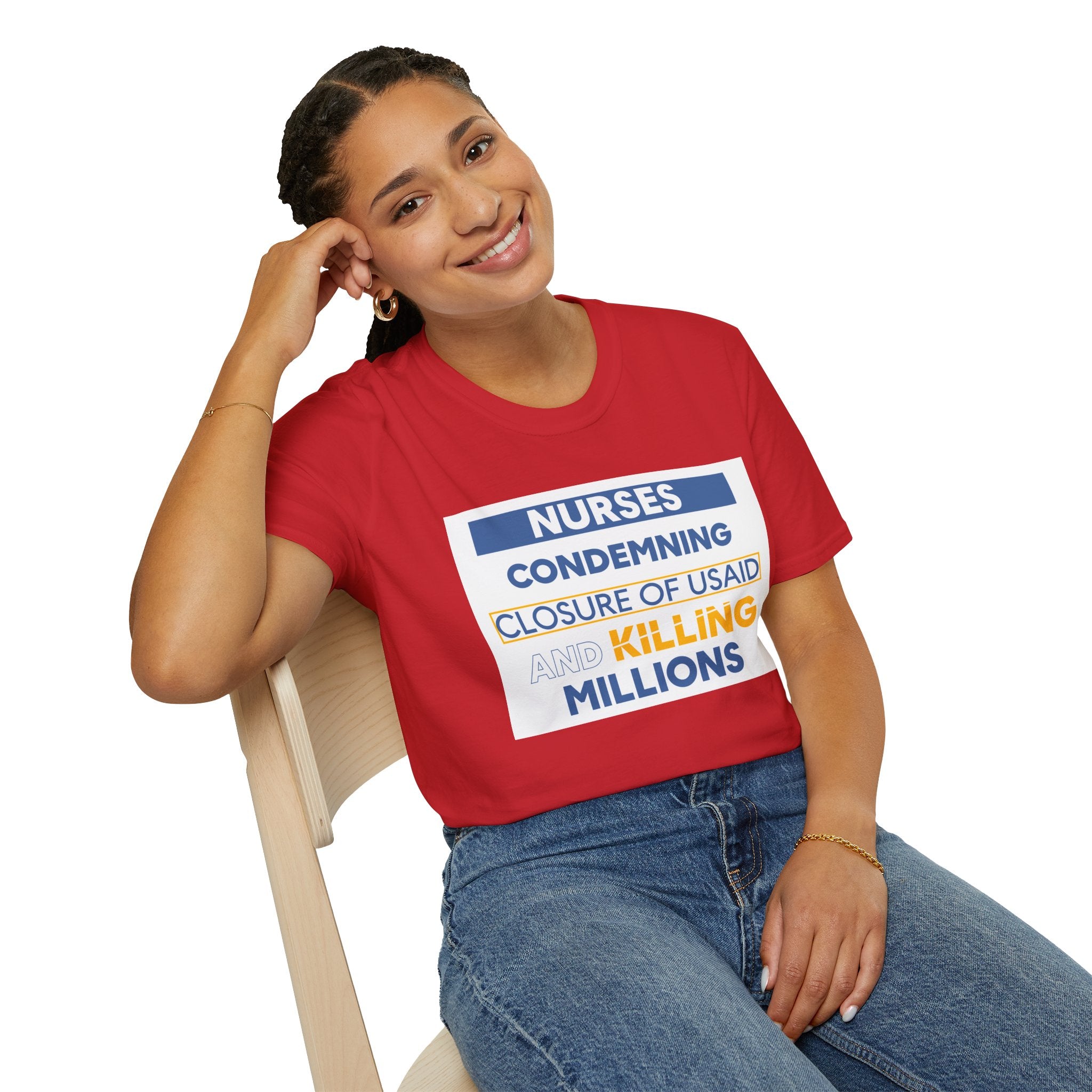 Unisex Lightweight fabric T-Shirt - Nurses Condemning Closure of USAID (front) - Nurses For NIH CDC FEMA USAID And YOU (back) - 100% ring-spun cotton - NFG-T-G64000