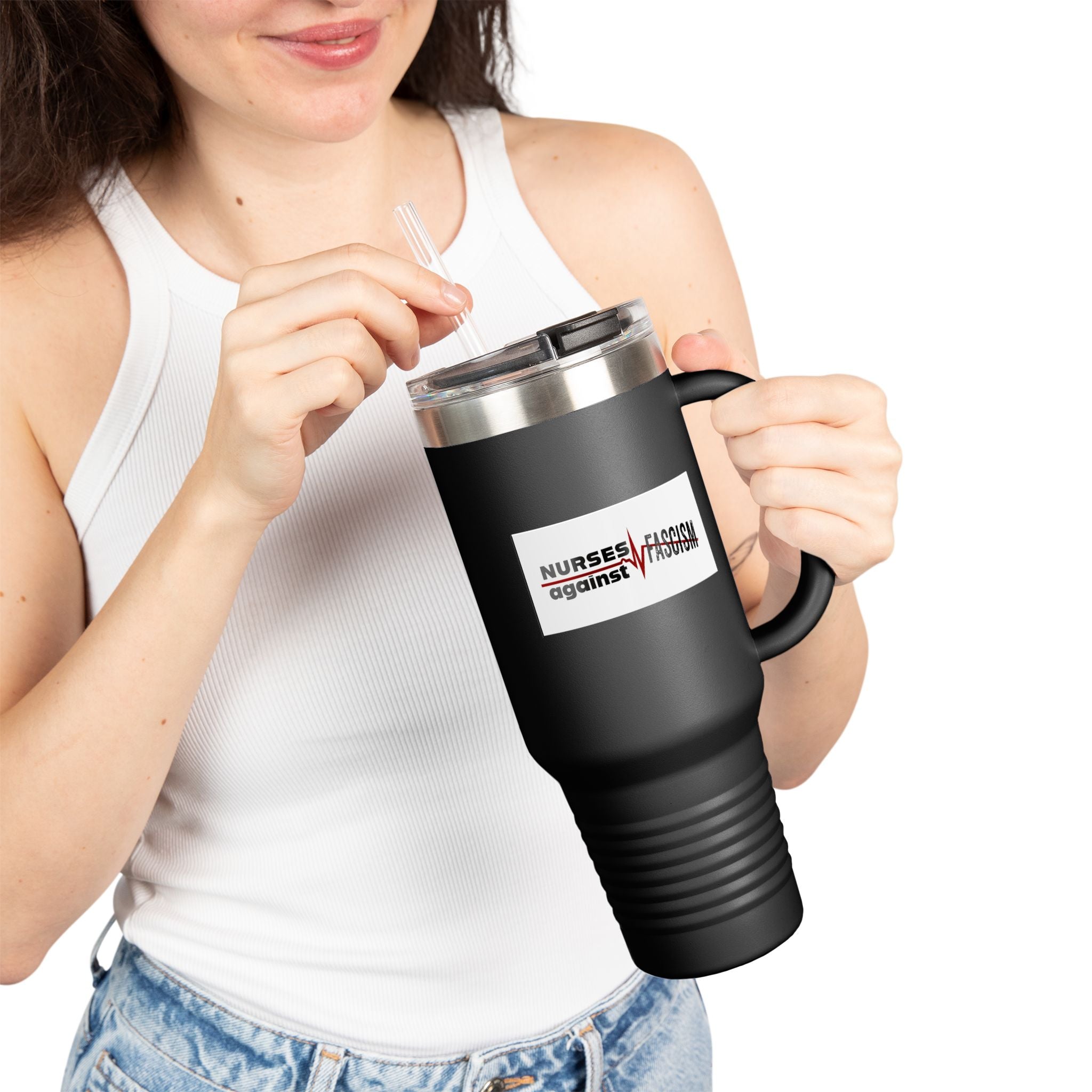 Travel Mug - Nurses Against Fascism (right) - Nurses Against Cruelty (left) - 100% stainless steel (body) - NAF-TM-40oz