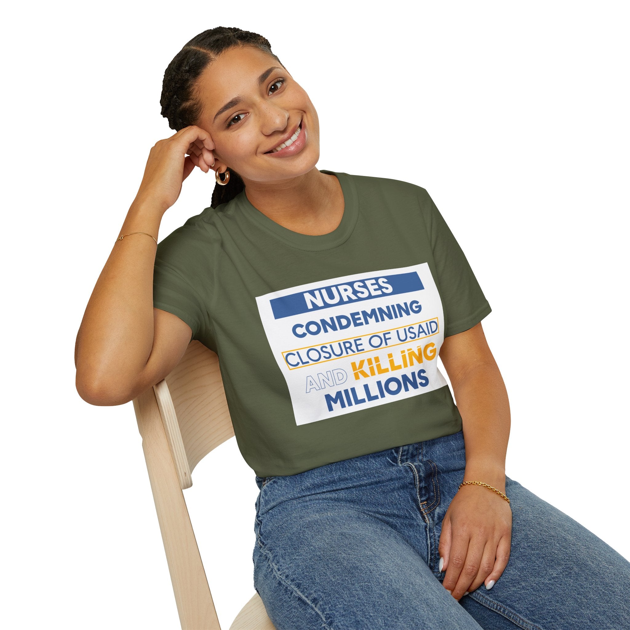 Unisex Lightweight fabric T-Shirt - Nurses Condemning Closure of USAID (front) - Nurses For NIH CDC FEMA USAID And YOU (back) - 100% ring-spun cotton - NFG-T-G64000