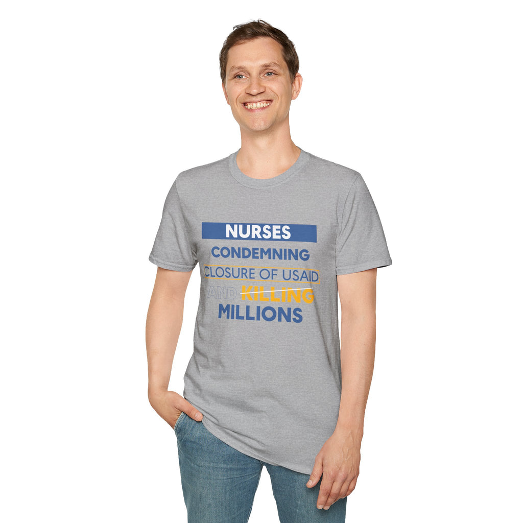 Unisex Lightweight fabric T-Shirt - Nurses Condemning Closure of USAID (front) - Nurses For NIH CDC FEMA USAID And YOU (back) - 100% ring-spun cotton - NFG-T-G64000