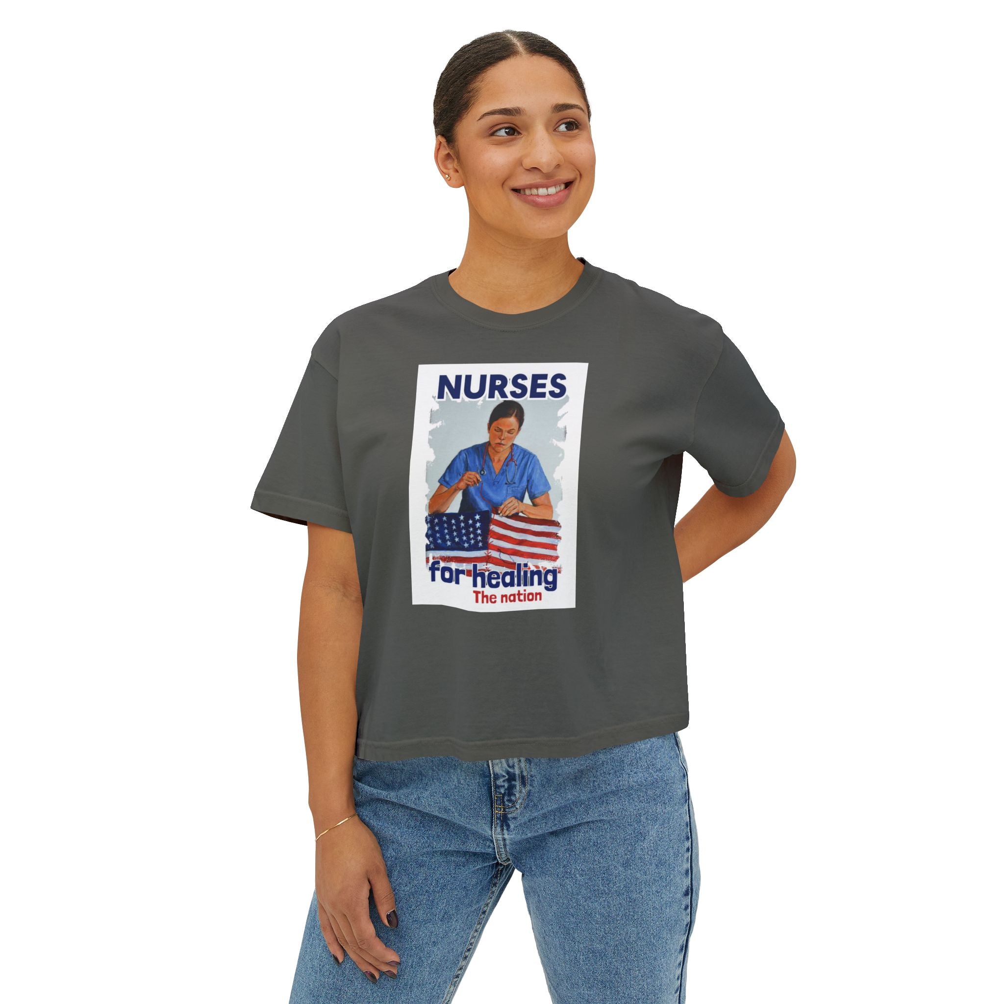 Women's Boxy Heavy fabric Tee - Nurses For Healing The Nation (front) - Nurses Standing Up For Humanity (back) - 100% ring-spun US cotton - NFH-T-CC3023CL