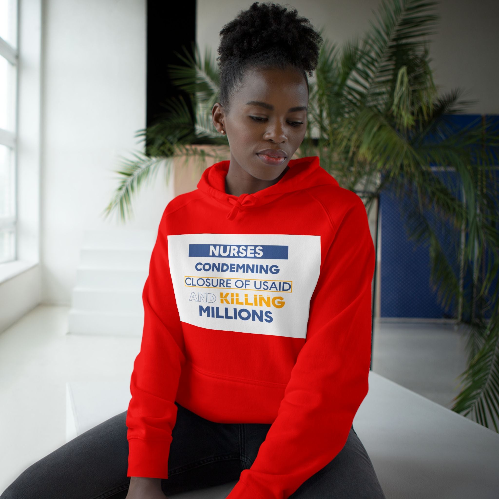 Unisex Mid-weight Hoodie - Nurses Condemning Closure of USAID (front) - Nurses For NIH CDC FEMA USAID And YOU (back) - 80% cotton, 20% Polyester - NFG-H-AC5101