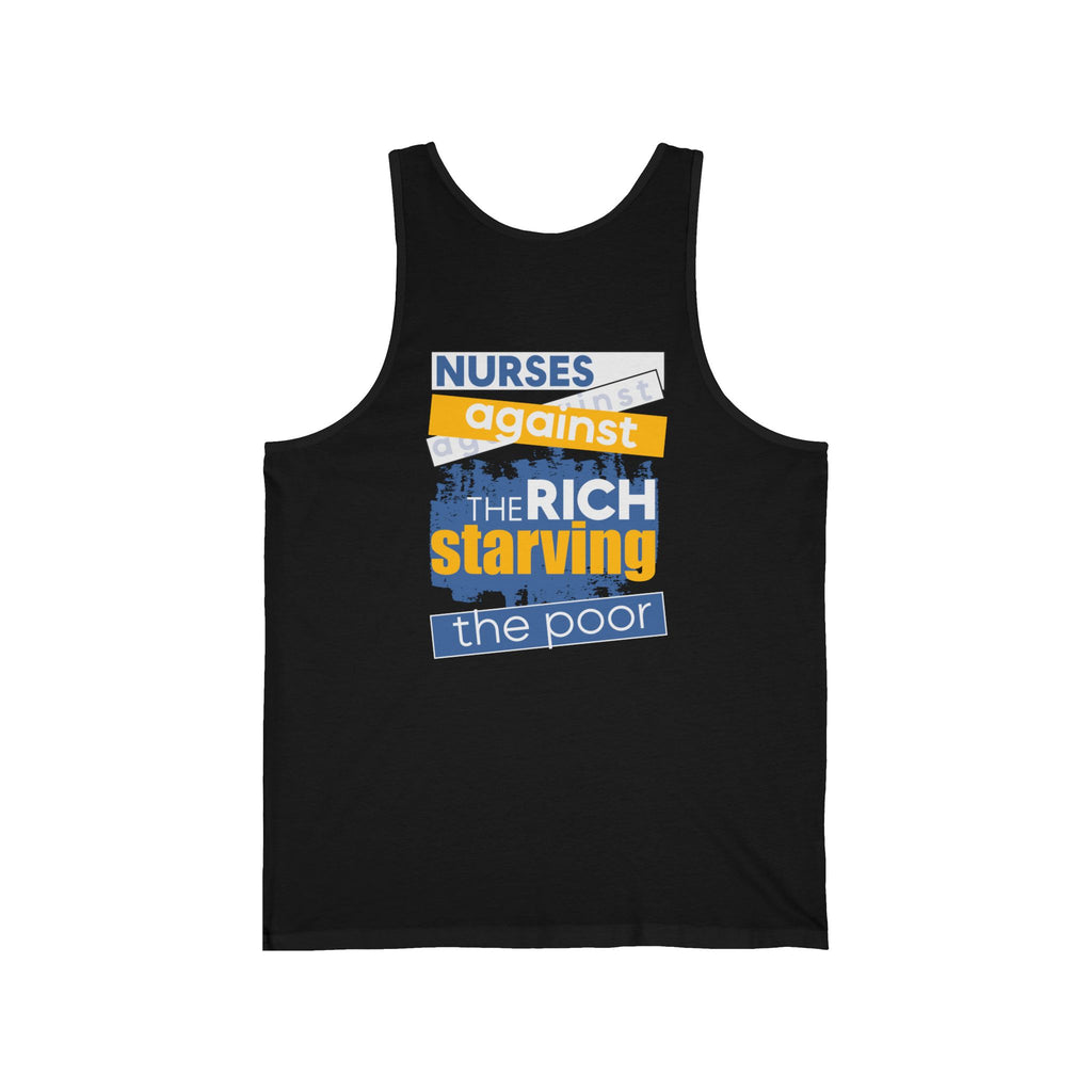 Unisex Light fabric Jersey Tank - Free School Lunches For All (front) - Nurses Against The Rich Starving The Poor (back) - 100% Airlume combed and ring-spun cotton - NAH-K-BC3480