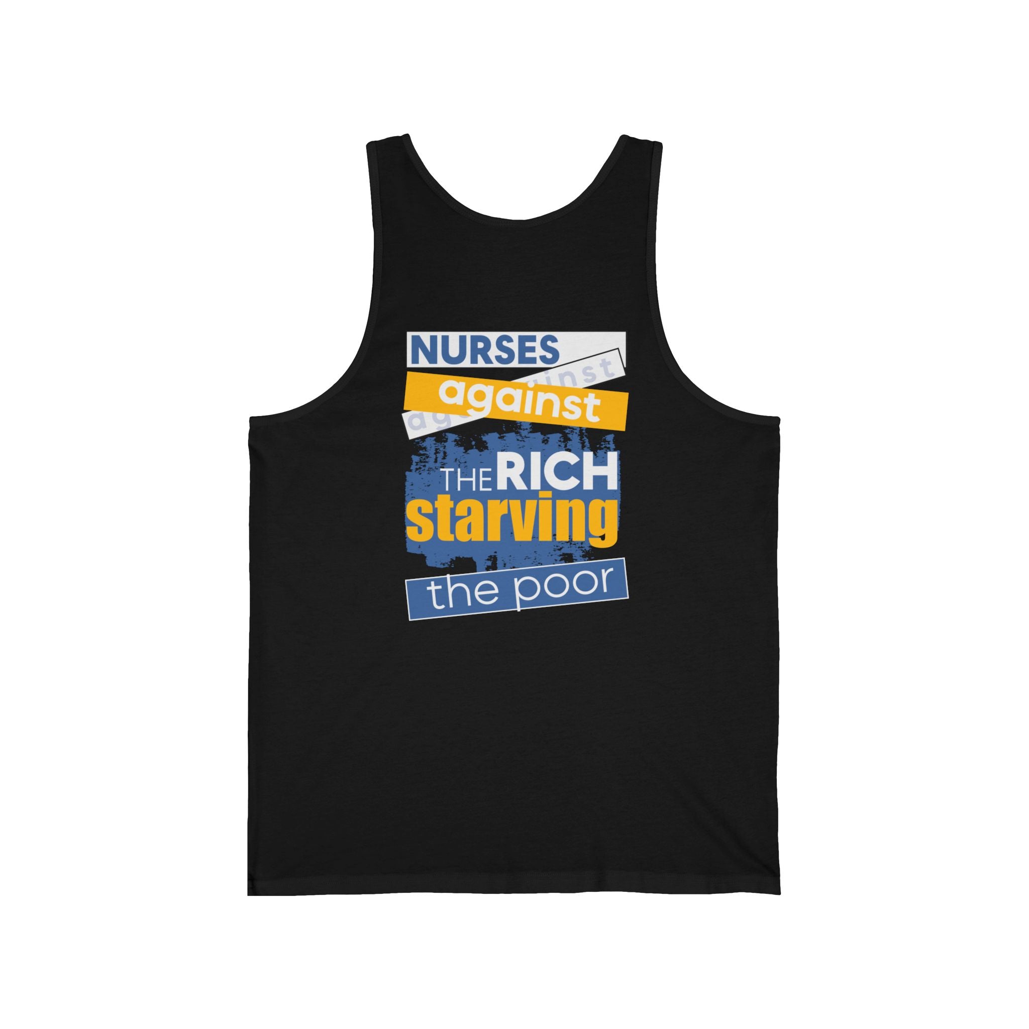 Unisex Light fabric Jersey Tank - Free School Lunches For All (front) - Nurses Against The Rich Starving The Poor (back) - 100% Airlume combed and ring-spun cotton - NAH-K-BC3480