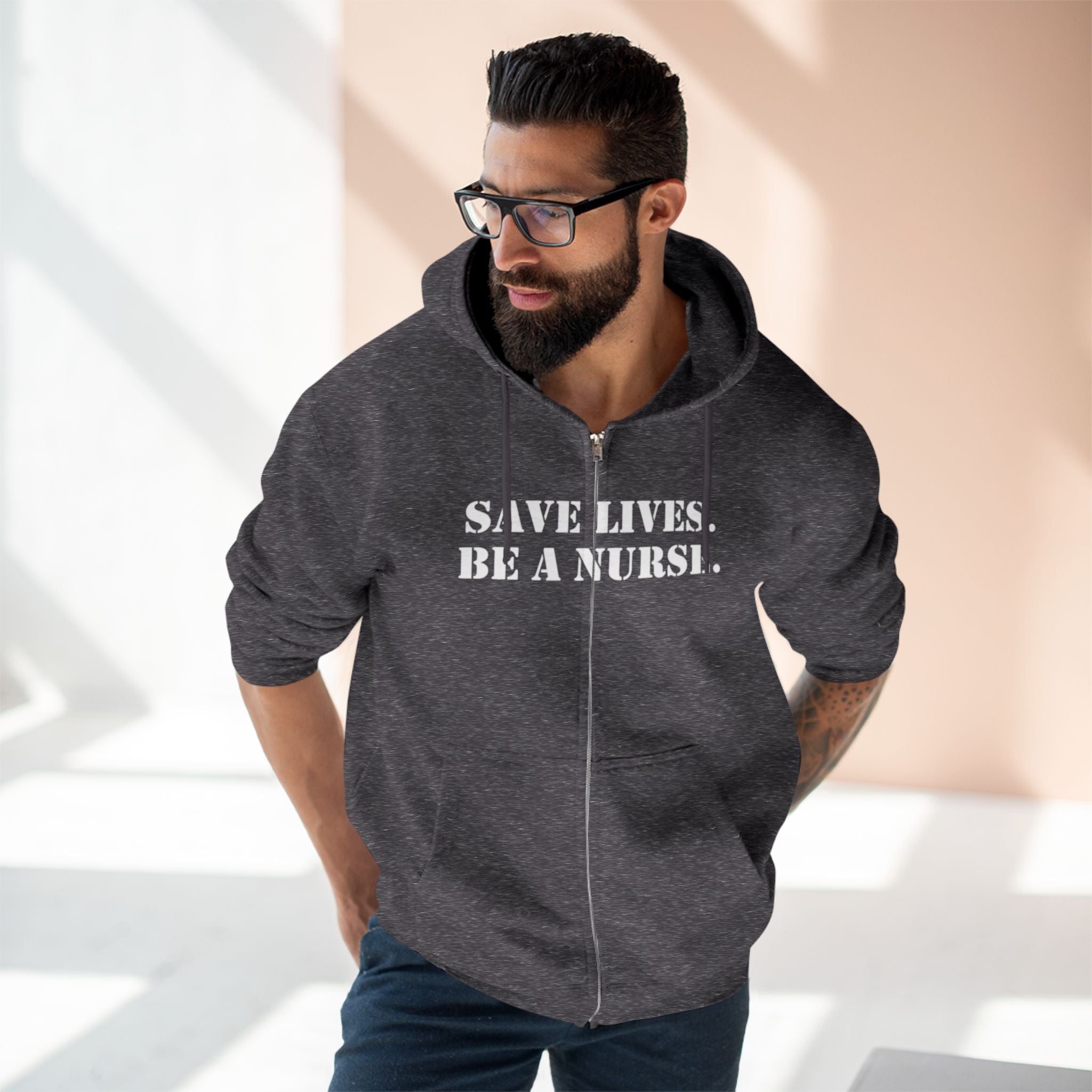 Men's District® Medium-heavy fabric Full-Zip Hoodie - Save Lives Be A Nurse (front) - Not Your Mom (back) - 60% recycled cotton, 40% recycled polyester -Lane Seven LS14003