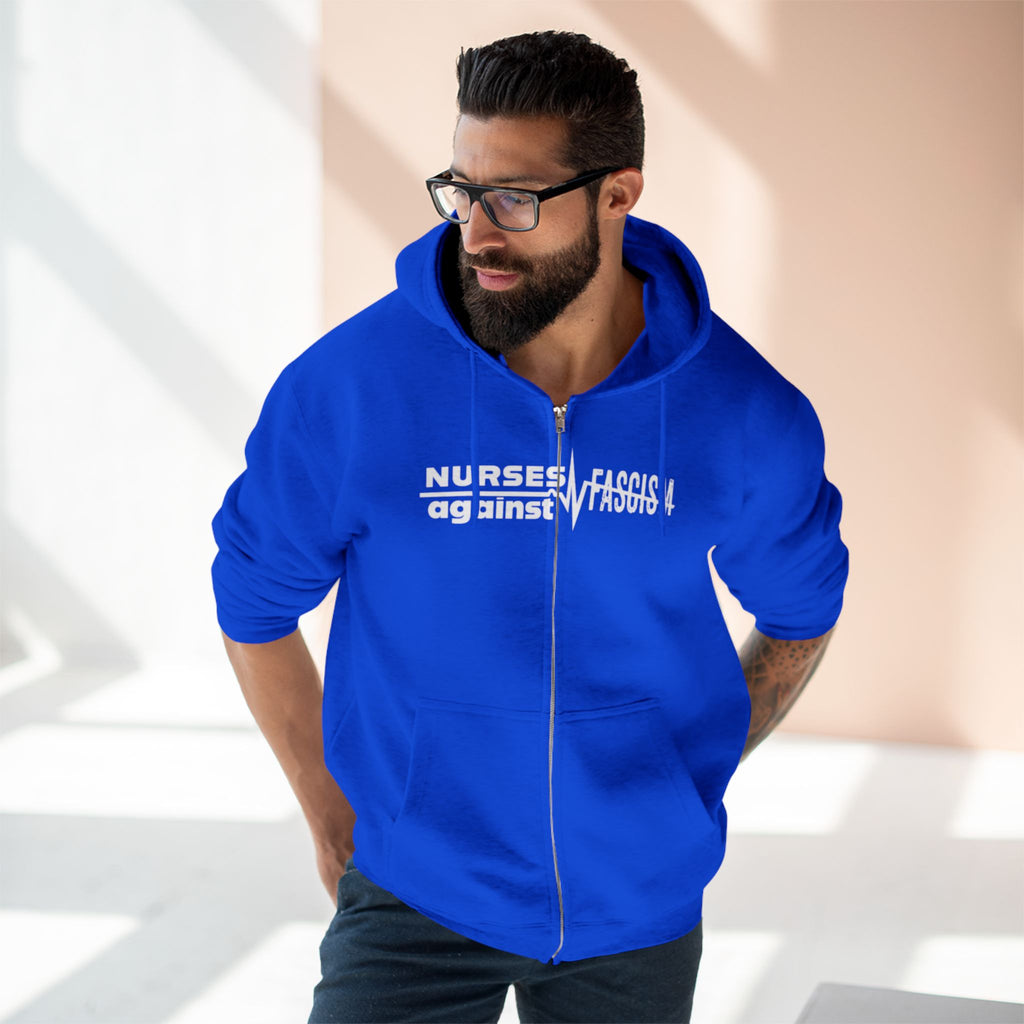 Men's Medium-heavy fabric Full-Zip Hoodie - Nurses Against Fascism (front) - Nurses Against Cruelty (black) - 60% recycled cotton, 40% recycled polyester - Lane Seven LS14003