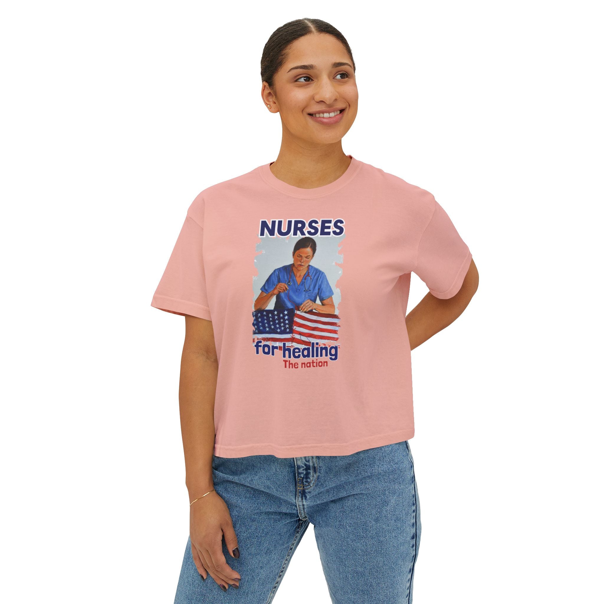 Women's Boxy Heavy fabric Tee - Nurses For Healing The Nation (front) - Nurses Standing Up For Humanity (back) - 100% ring-spun US cotton - NFH-T-CC3023CL