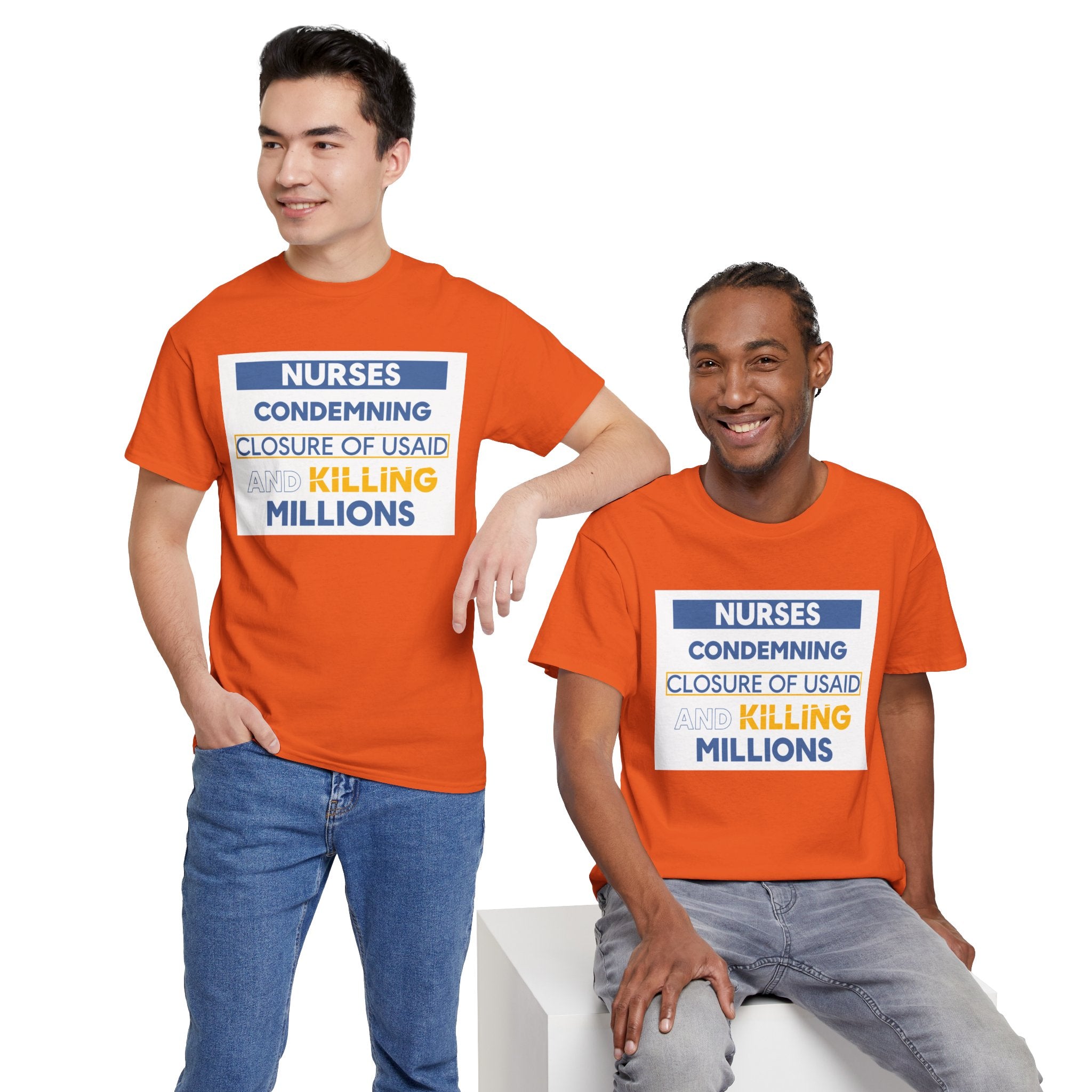 Unisex Medium fabric Cotton Tee - Nurses Condemning Closure of USAID (front) - Nurses For NIH CDC FEMA USAID And YOU (back) - 5.3 oz/yd² / 180 g/m² - NFG-T-G5000
