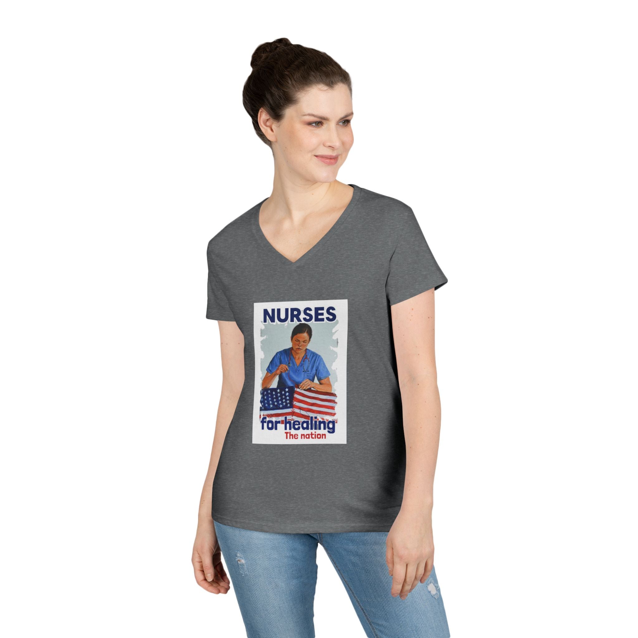 Women's Medium fabric V-Neck T-Shirt - Nurses For Healing The Nation (front) - Nurses Standing Up For Humanity (back) - 100% cotton - NFH-V-G5V00L