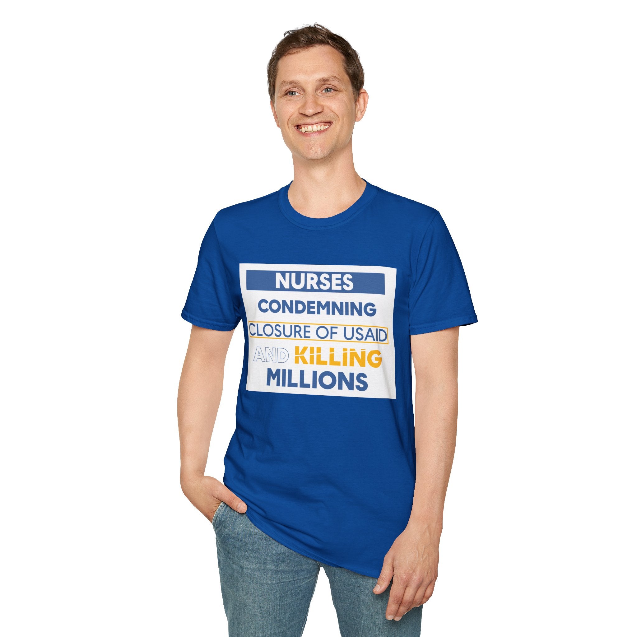 Unisex Lightweight fabric T-Shirt - Nurses Condemning Closure of USAID (front) - Nurses For NIH CDC FEMA USAID And YOU (back) - 100% ring-spun cotton - NFG-T-G64000