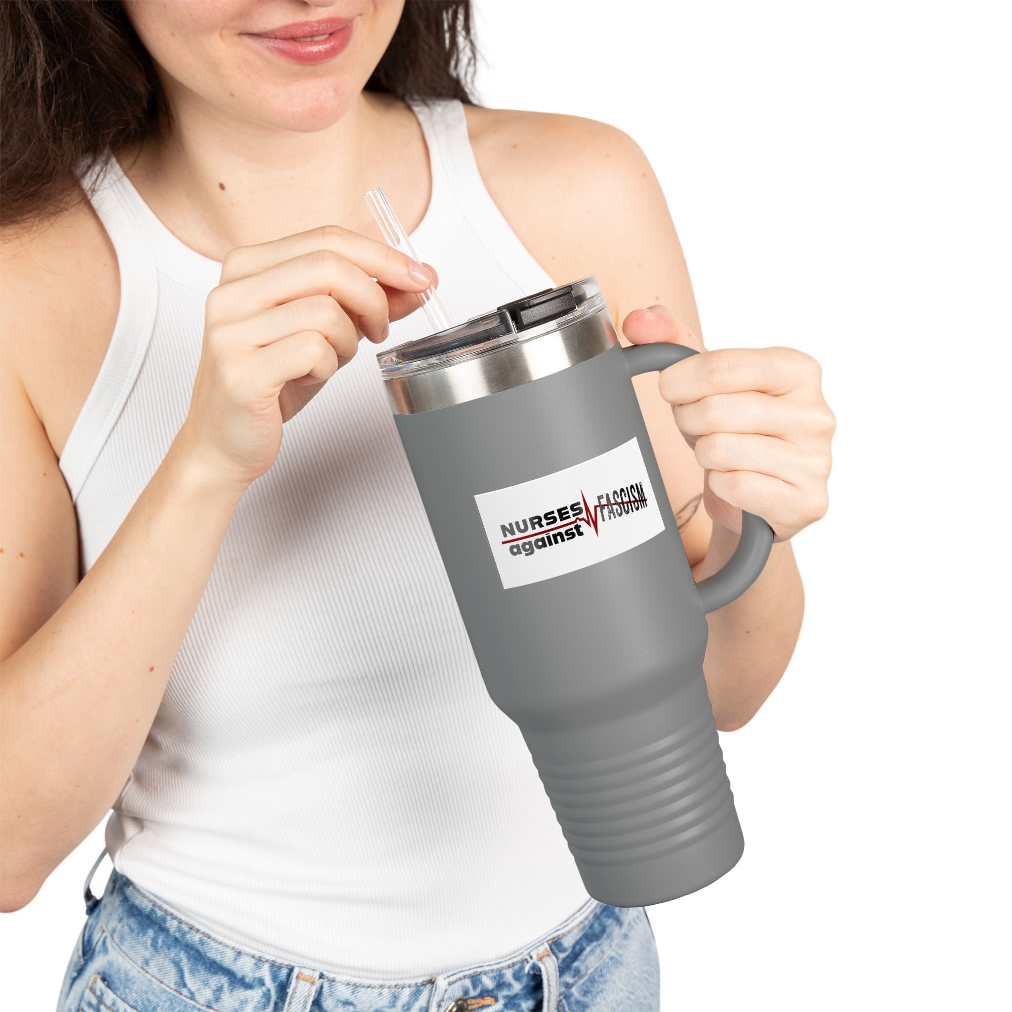 Travel Mug - Nurses Against Fascism (right) - Nurses Against Cruelty (left) - 100% stainless steel (body) - NAF-TM-40oz