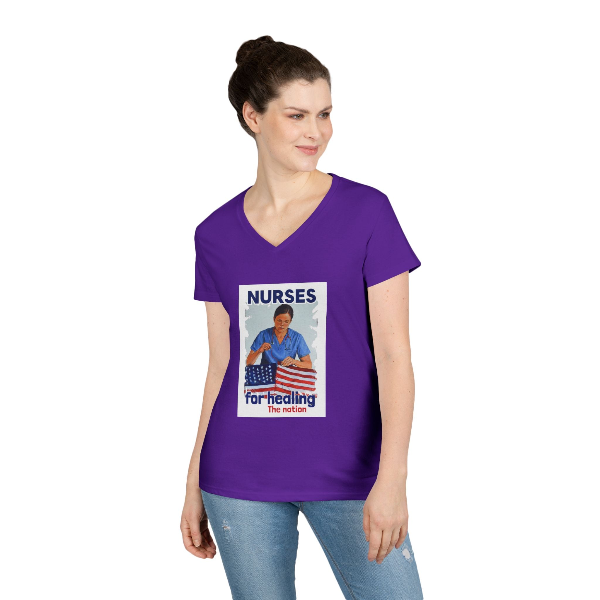 Women's Medium fabric V-Neck T-Shirt - Nurses For Healing The Nation (front) - Nurses Standing Up For Humanity (back) - 100% cotton - NFH-V-G5V00L