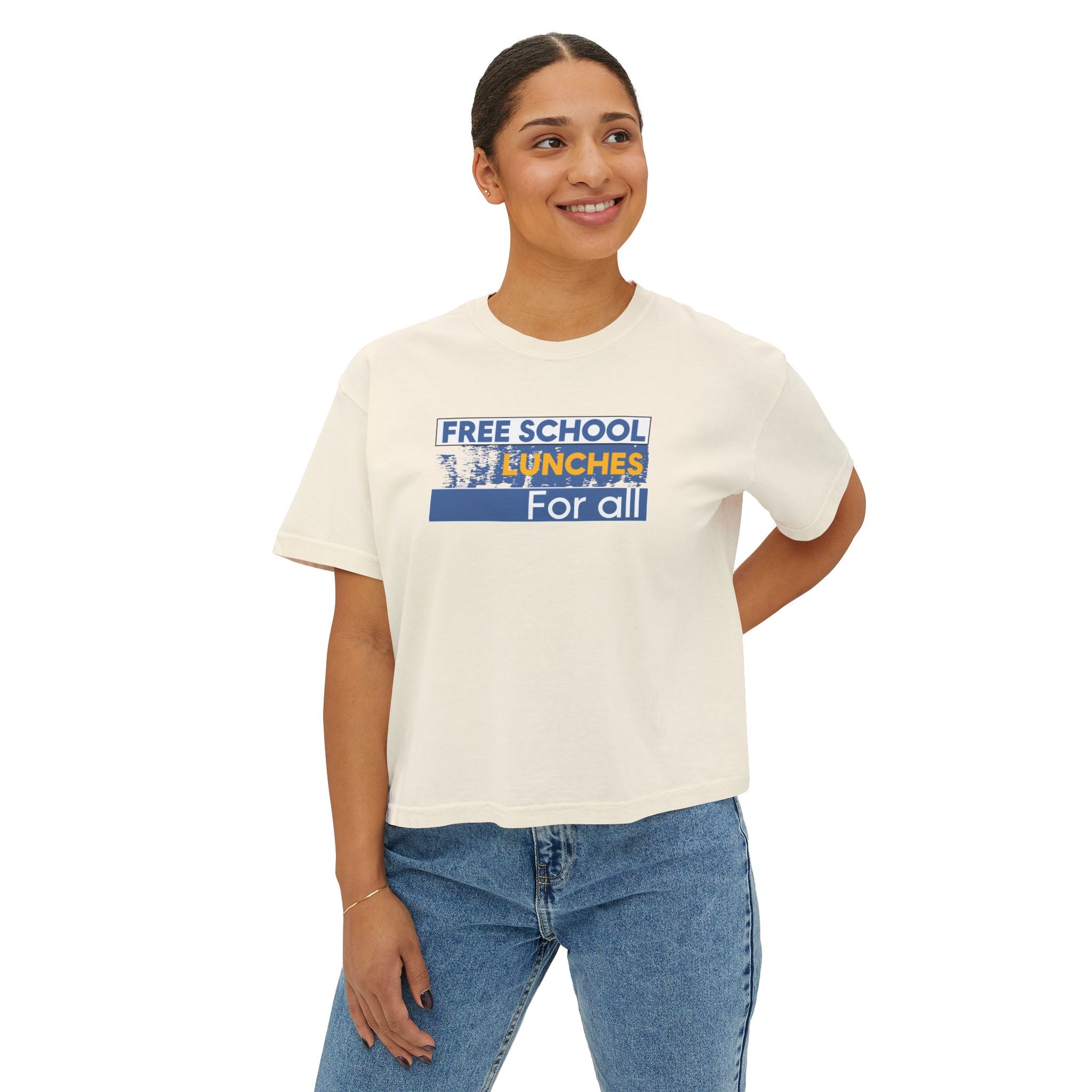 Women's Boxy Heavy fabric Tee - Free School Lunches For All (front) - Nurses Against The Rich Starving The Poor (back) - 100% ring-spun US cotton - NAH-T-CC3023CL