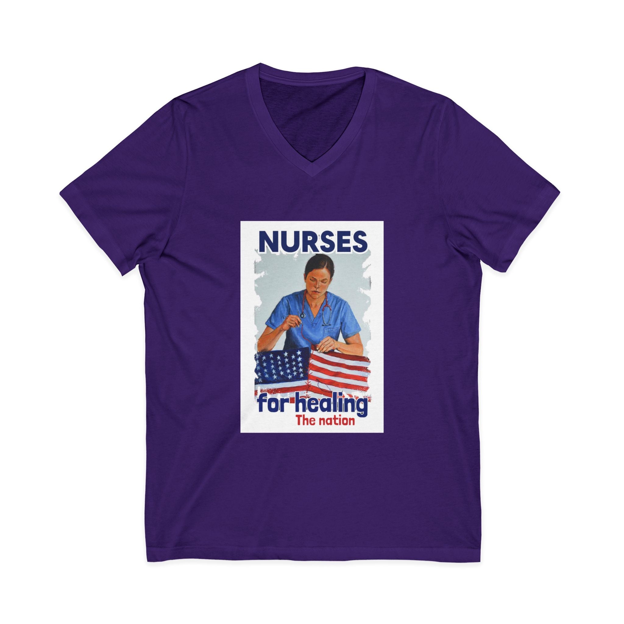 Unisex Lightweight fabric Jersey Short Sleeve V-Neck Tee - Nurses For Healing The Nation (front) - Nurses Standing Up For Humanity (back) - 100% cotton fabric - NFH-V-BC3005