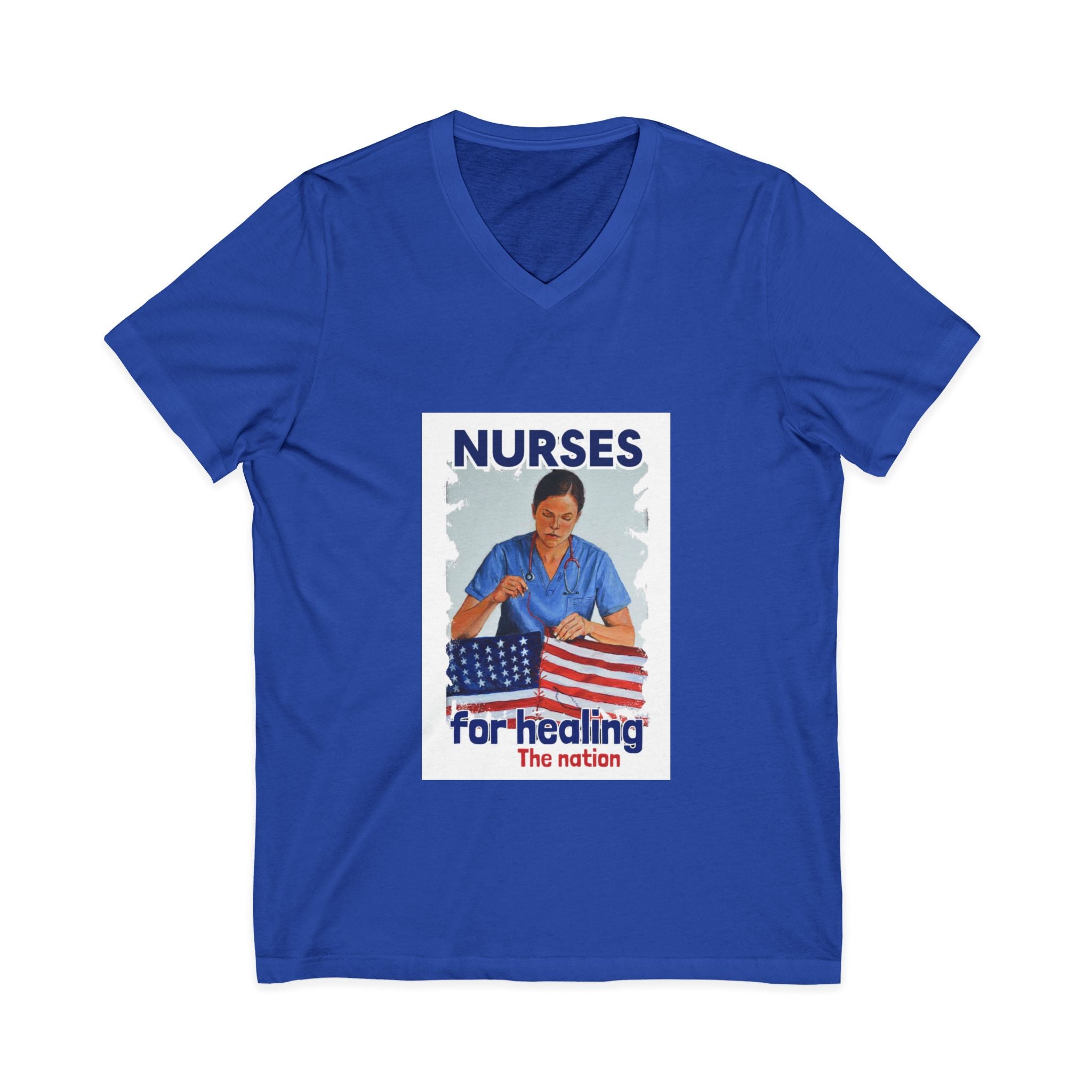Unisex Lightweight fabric Jersey Short Sleeve V-Neck Tee - Nurses For Healing The Nation (front) - Nurses Standing Up For Humanity (back) - 100% cotton fabric - NFH-V-BC3005