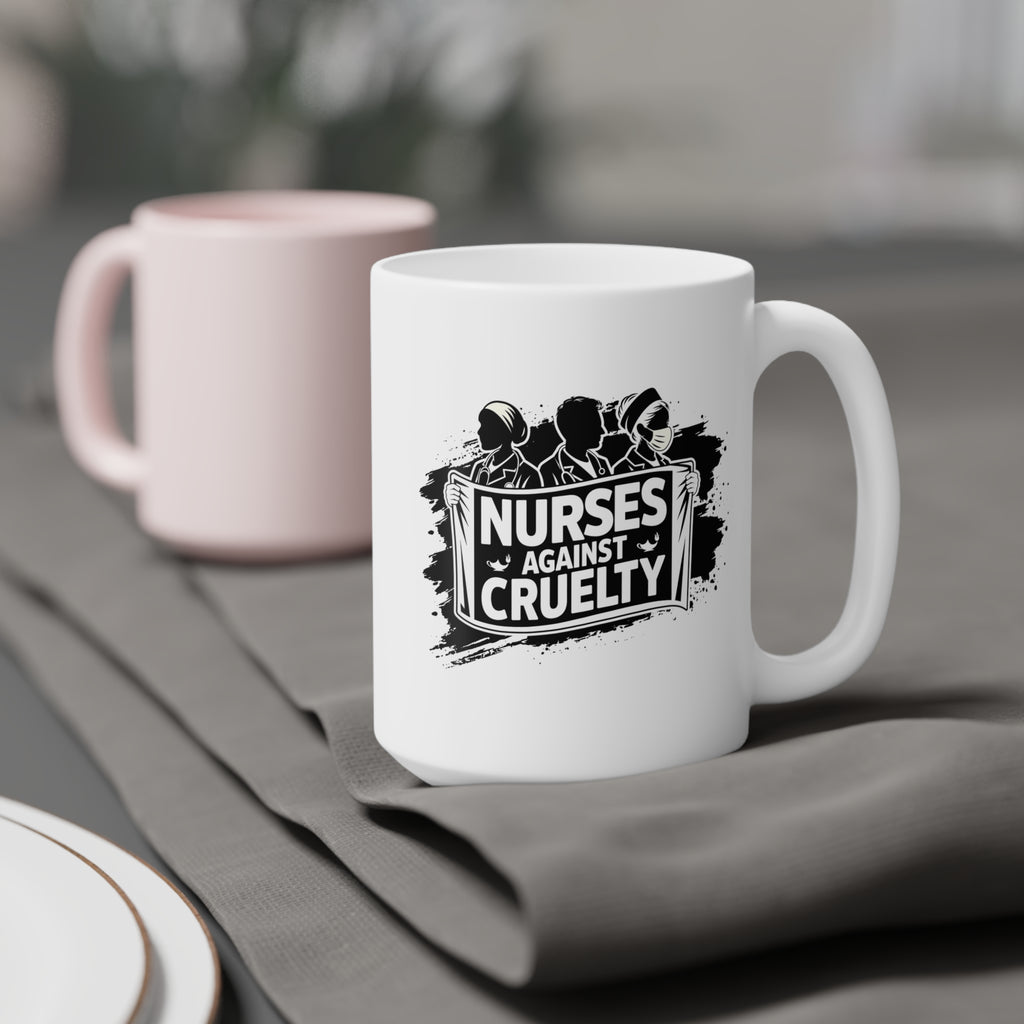 Unisex Ceramic Mug - Nurses Against Fascism (right) - Nurses Against Cruelty (left) - Durable white Ceramic - NAF-CM-ORCA