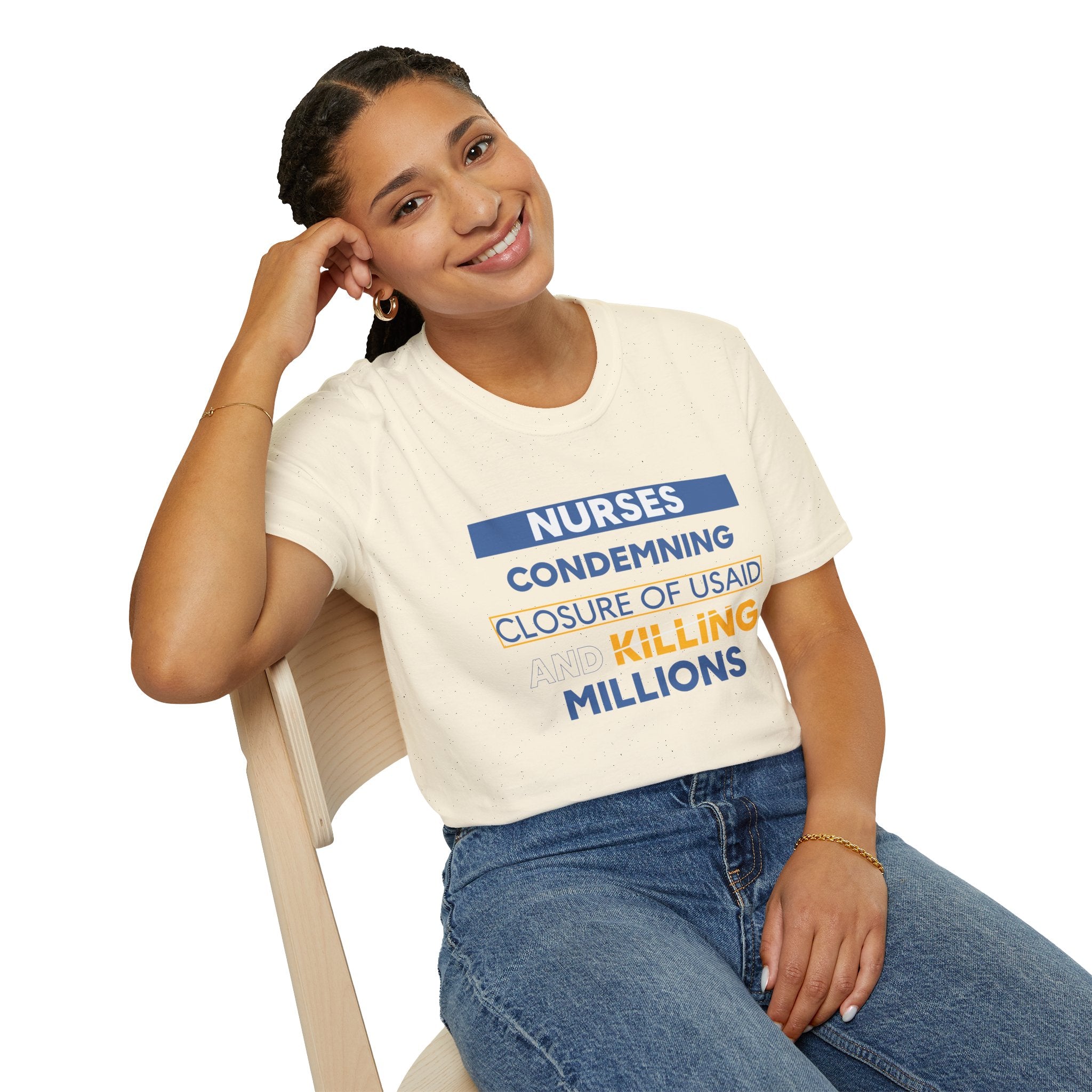 Unisex Lightweight fabric T-Shirt - Nurses Condemning Closure of USAID (front) - Nurses For NIH CDC FEMA USAID And YOU (back) - 100% ring-spun cotton - NFG-T-G64000