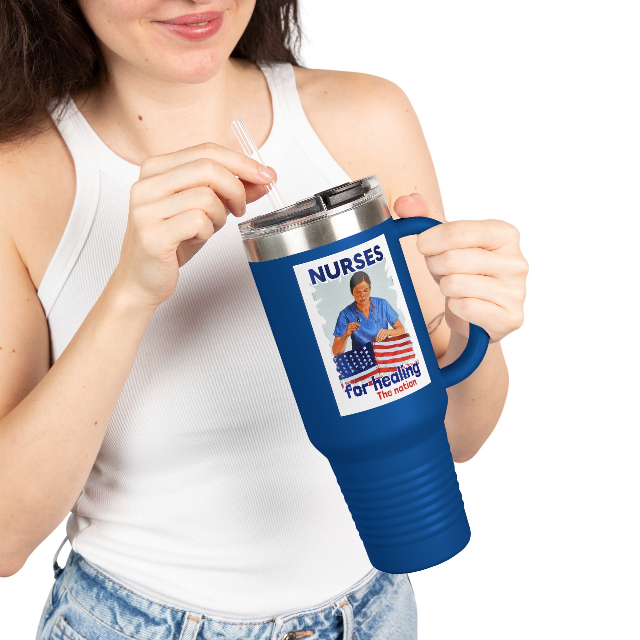 Travel Mug - Nurses For Healing The Nation (front) - Nurses Standing Up For Humanity (back) - 100% stainless steel (body) - NFH-TM-40oz