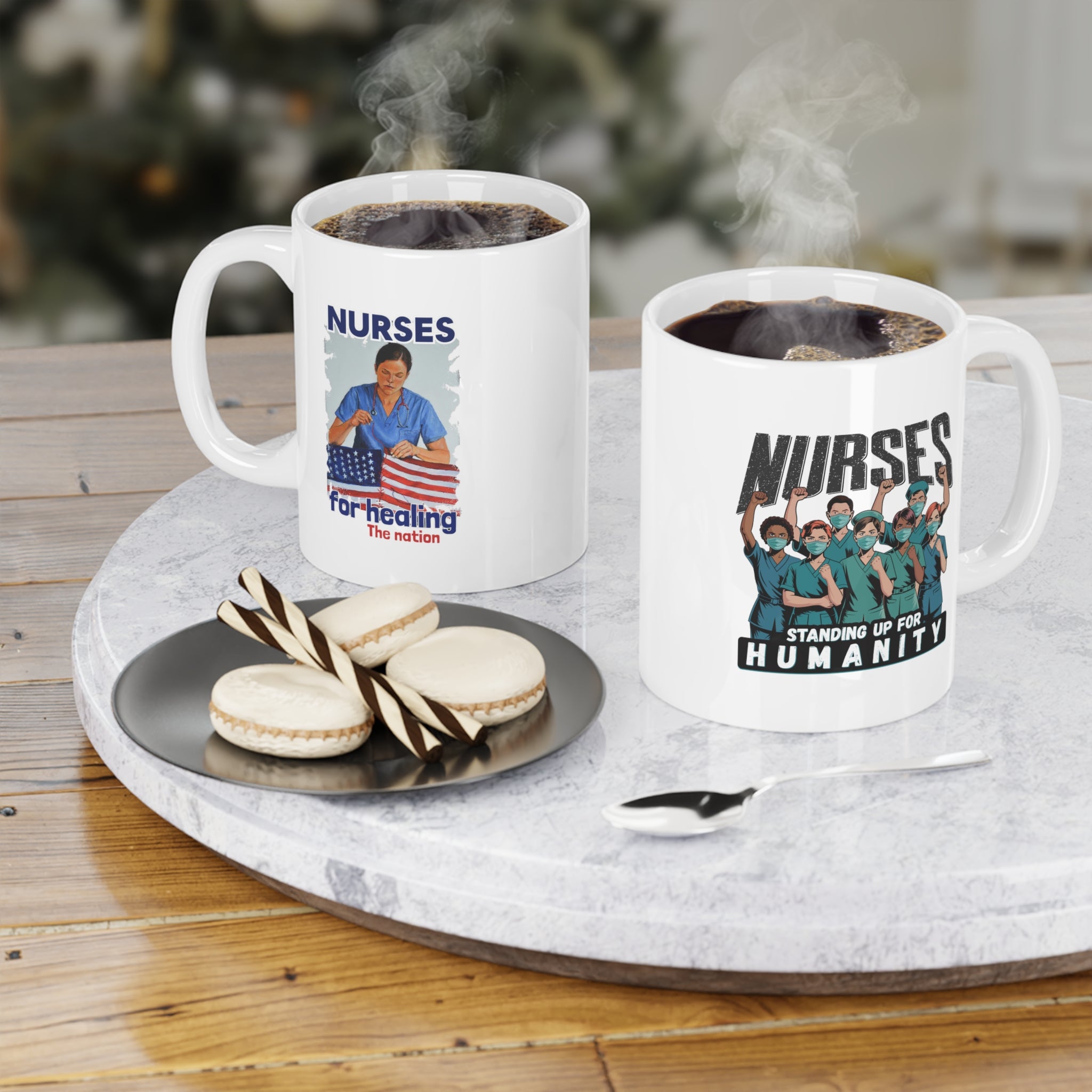 Unisex Ceramic Mug - Nurses For Healing The Nation (right) - Nurses Standing Up For Humanity (left) - Durable white Ceramic - NFH-CM-ORCA
