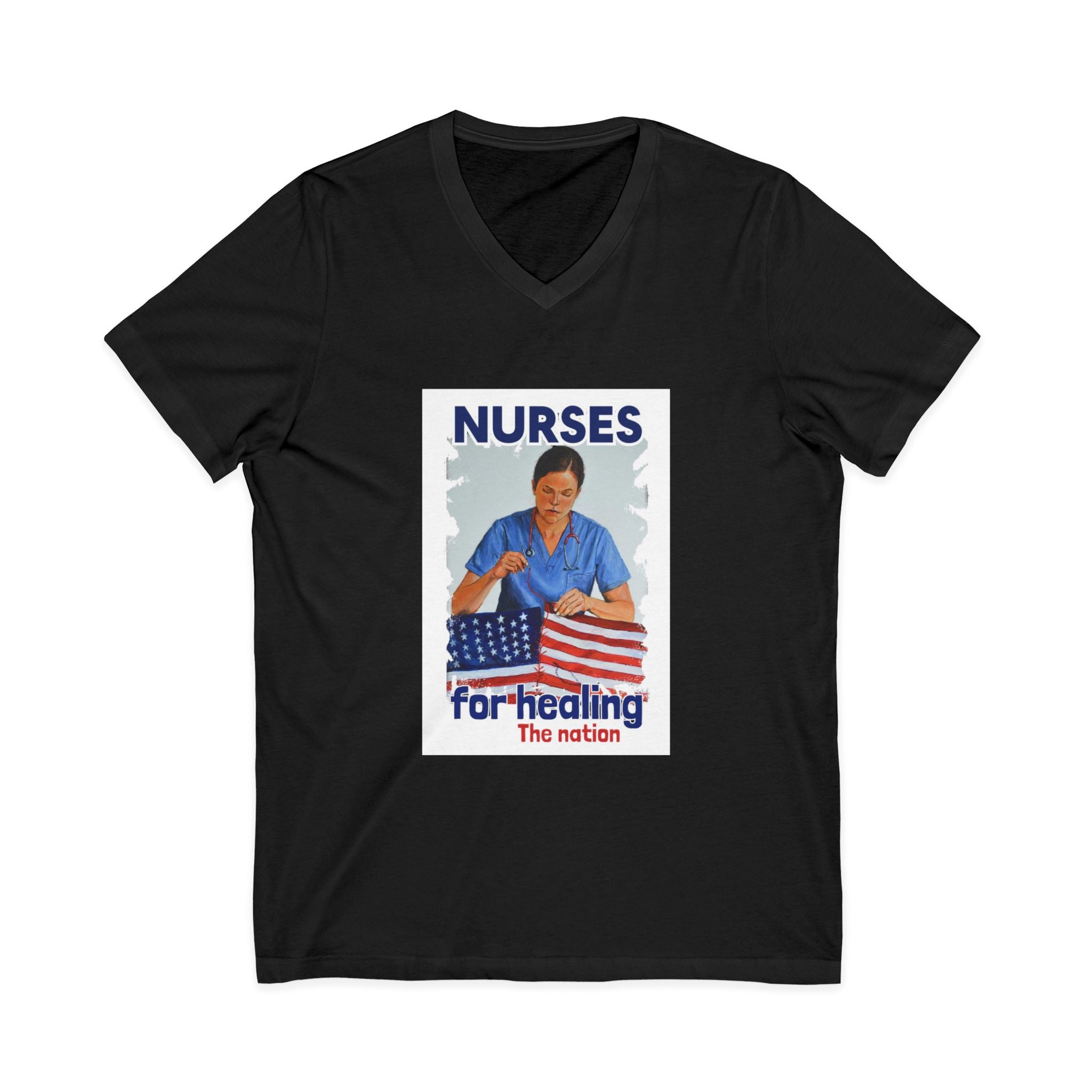 Unisex Lightweight fabric Jersey Short Sleeve V-Neck Tee - Nurses For Healing The Nation (front) - Nurses Standing Up For Humanity (back) - 100% cotton fabric - NFH-V-BC3005