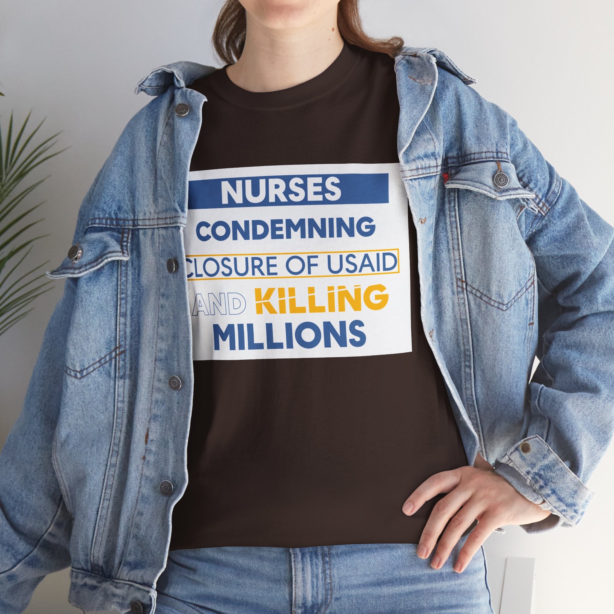 Unisex Medium fabric Cotton Tee - Nurses Condemning Closure of USAID (front) - Nurses For NIH CDC FEMA USAID And YOU (back) - 5.3 oz/yd² / 180 g/m² - NFG-T-G5000