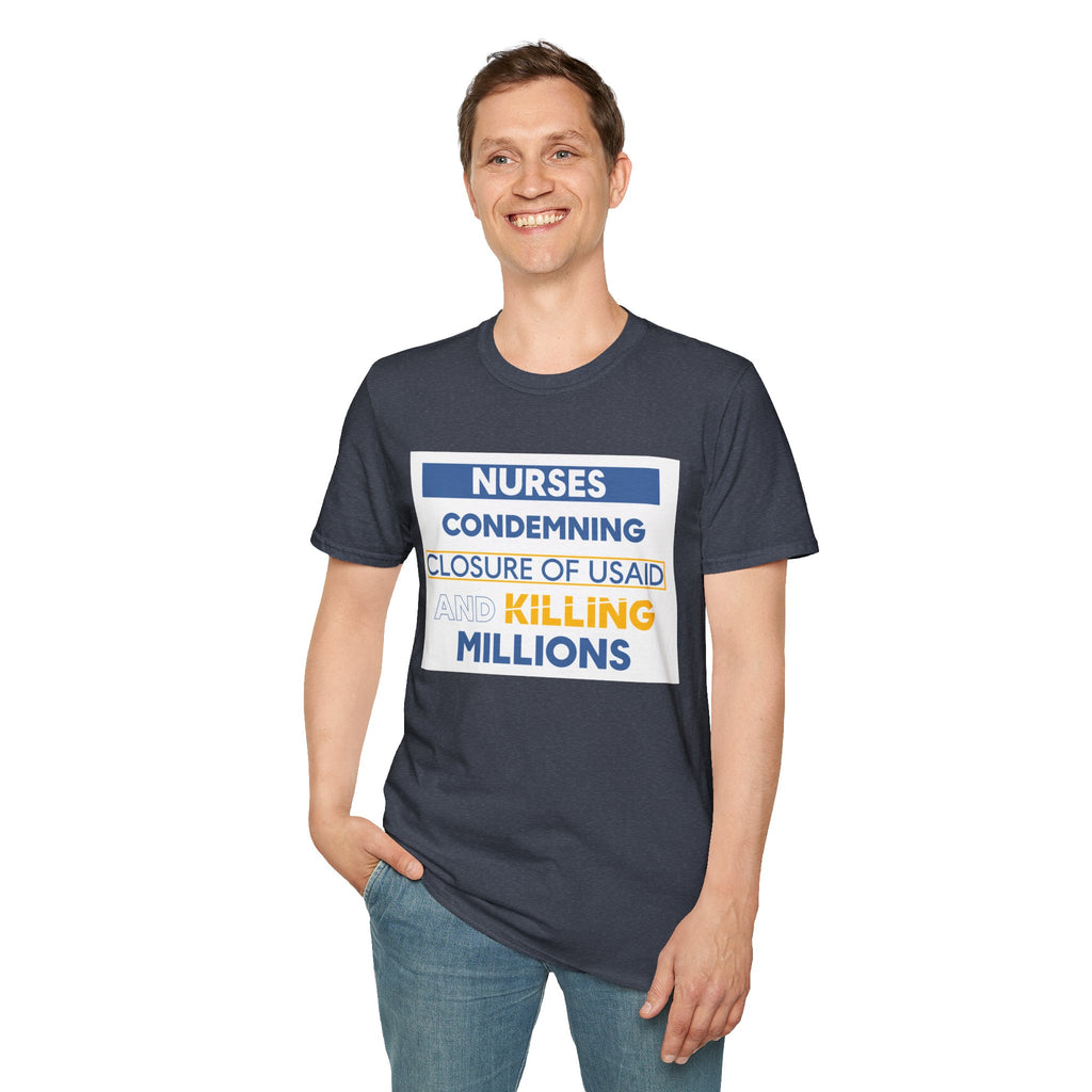 Unisex Lightweight fabric T-Shirt - Nurses Condemning Closure of USAID (front) - Nurses For NIH CDC FEMA USAID And YOU (back) - 100% ring-spun cotton - NFG-T-G64000