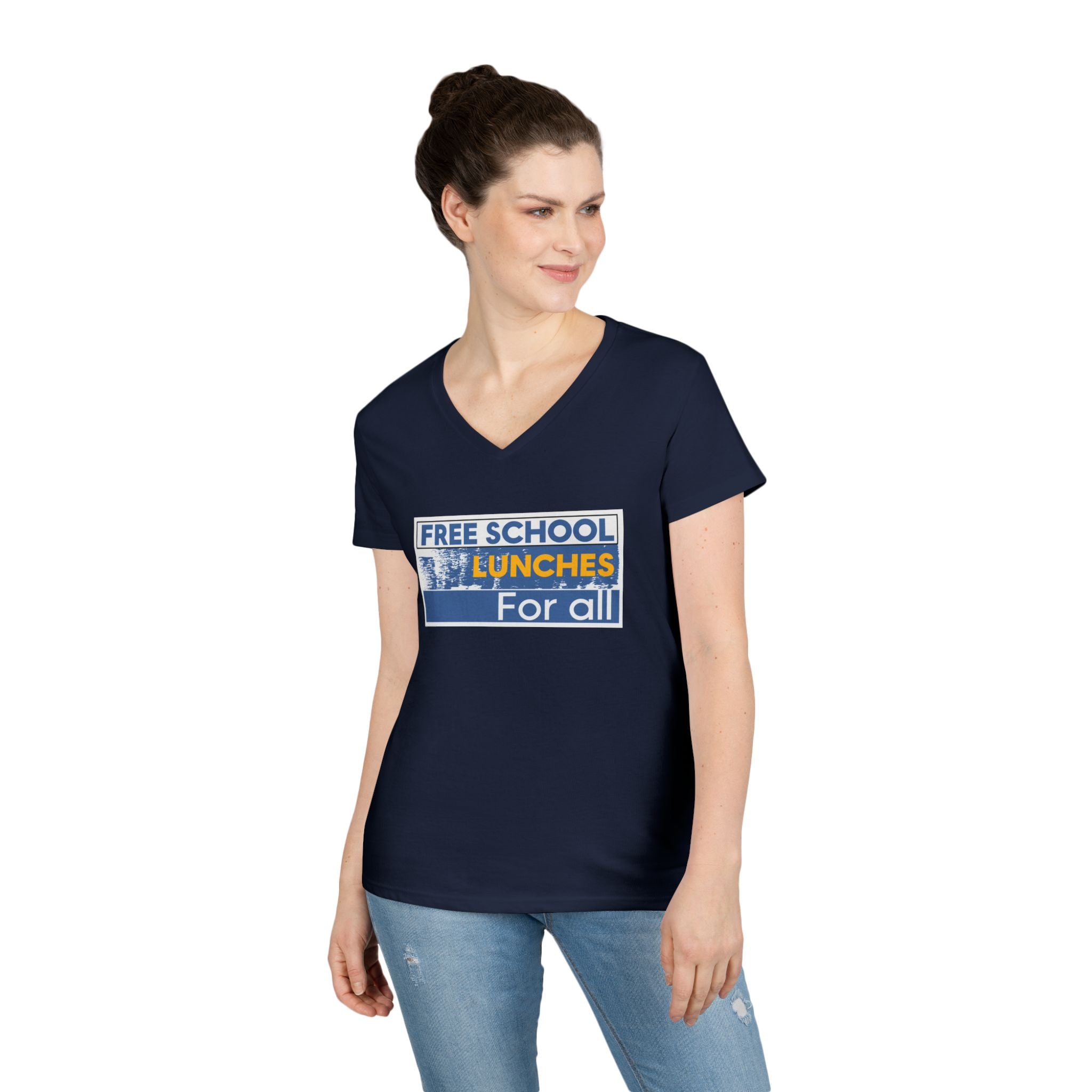 Women's Medium fabric V-Neck T-Shirt - Free School Lunches For All (front) - Nurses Against The Rich Starving The Poor (back) - 100% cotton - NAH-V-G5V00L