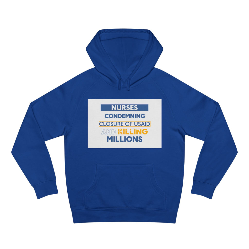 Unisex Mid-weight Hoodie - Nurses Condemning Closure of USAID (front) - Nurses For NIH CDC FEMA USAID And YOU (back) - 80% cotton, 20% Polyester - NFG-H-AC5101